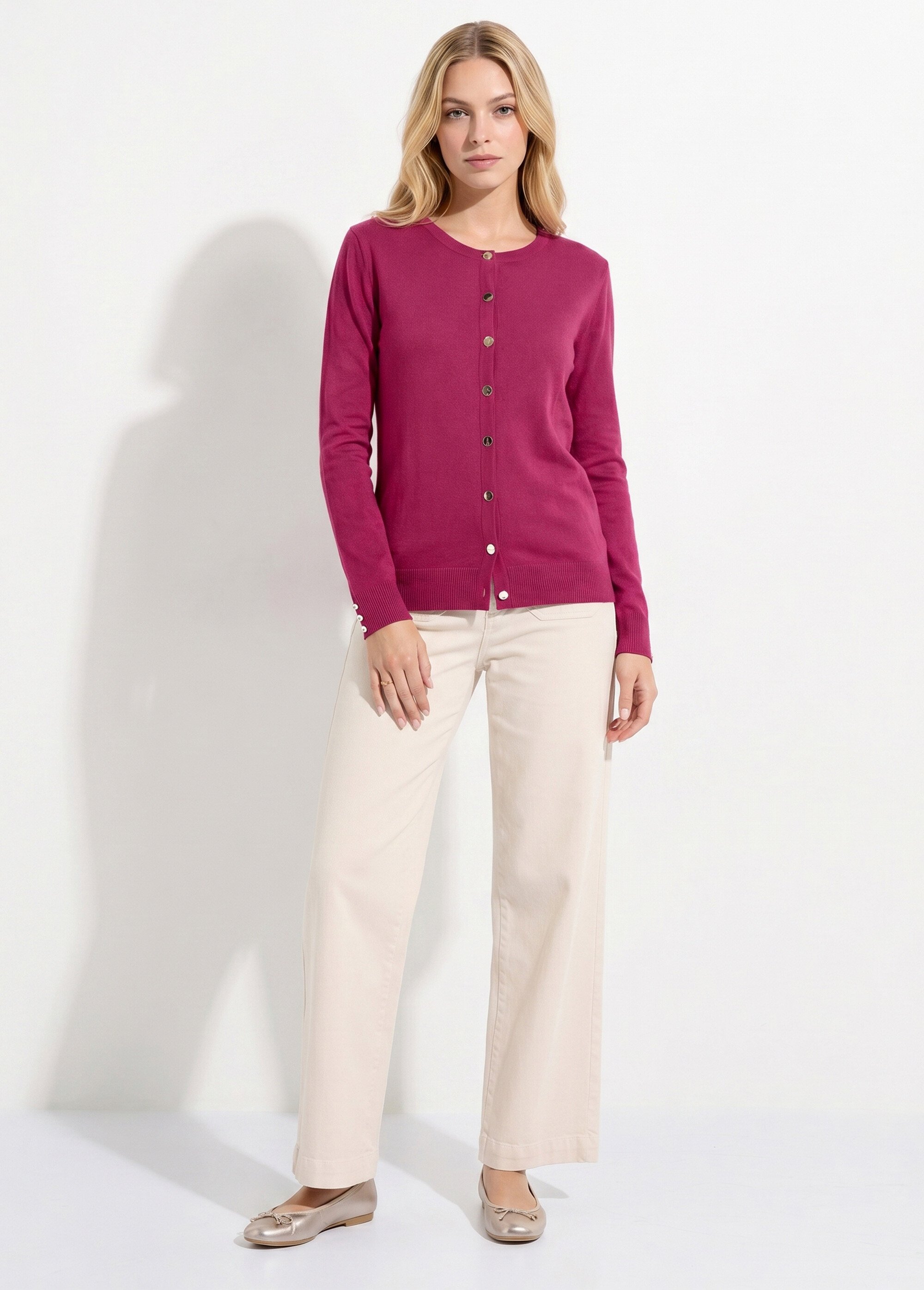 Gilet fin col rond boutonné jersey uni avec laine mérinos Femme Violet PALOMA SI1