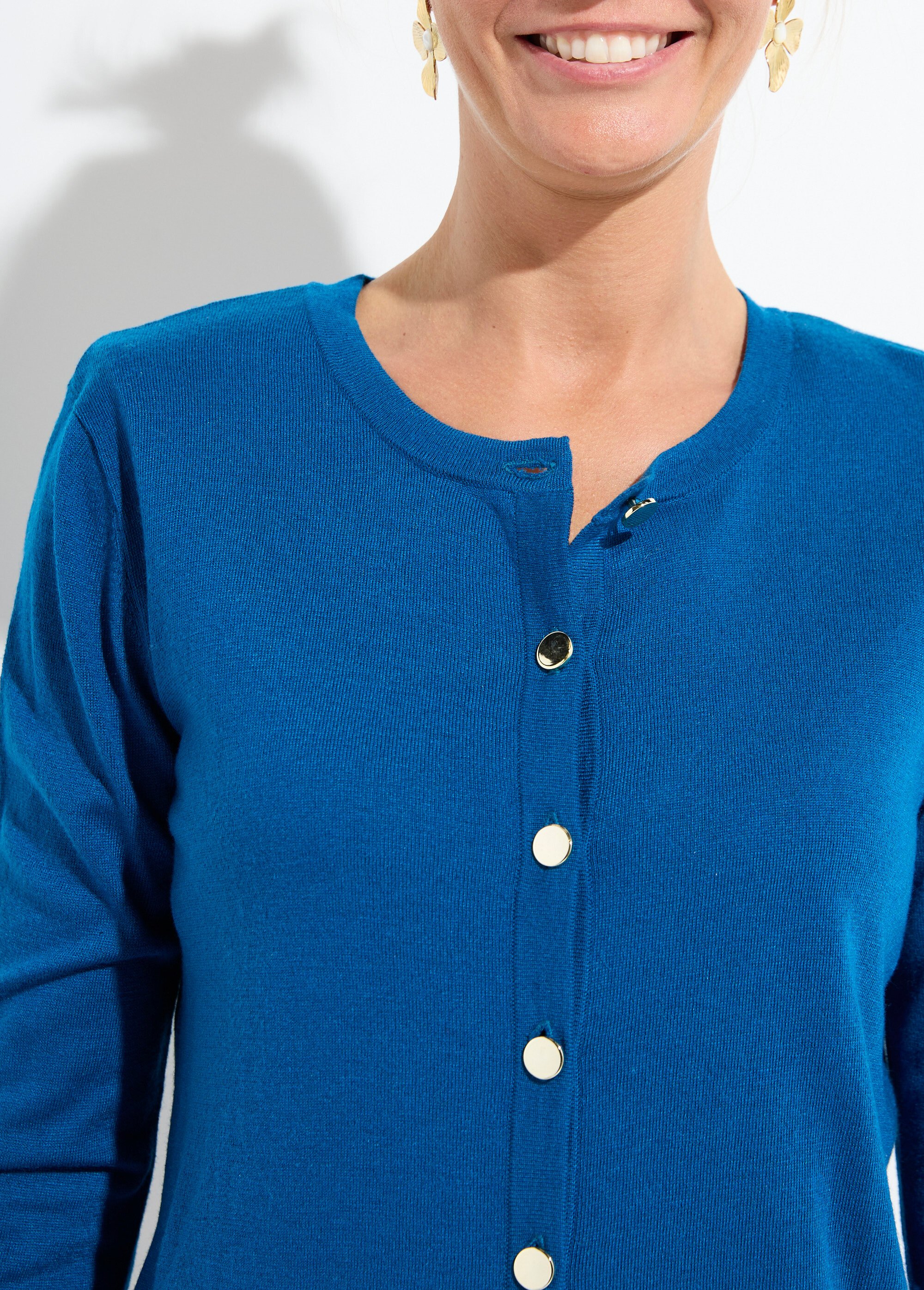 Gilet fin col rond boutonné jersey uni avec laine mérinos Femme Bleu PALOMA DE1