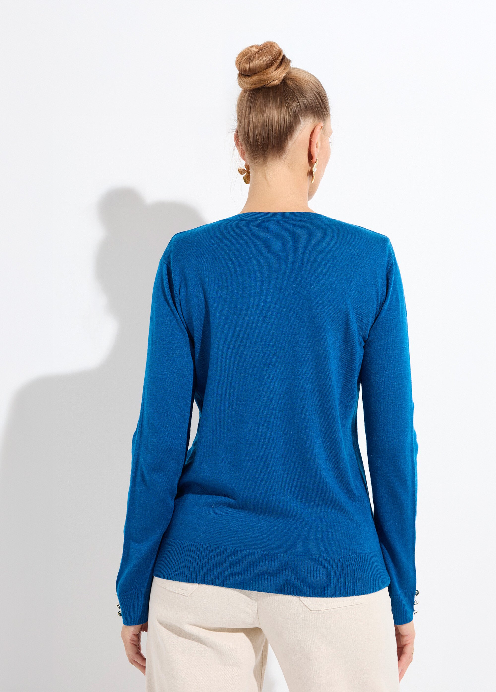 Gilet fin col rond boutonné jersey uni avec laine mérinos Femme Bleu PALOMA DO1