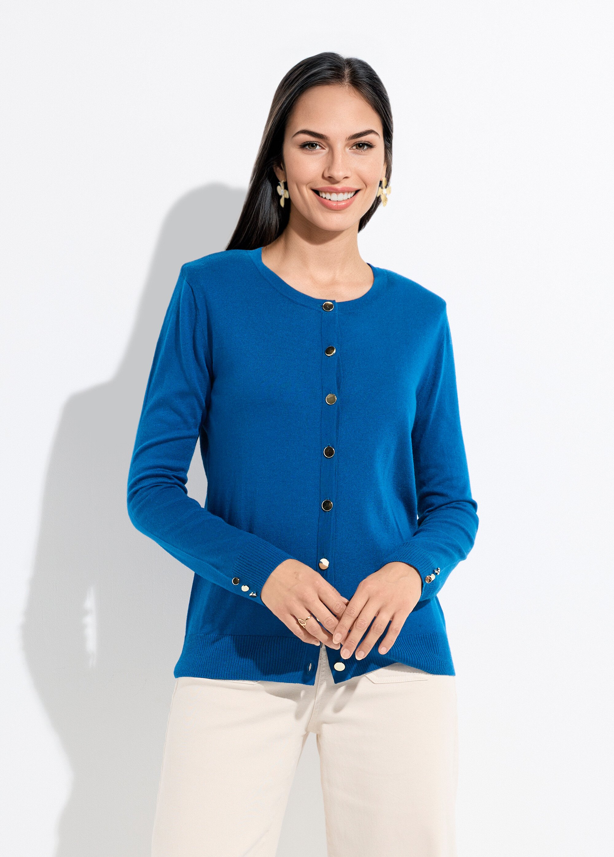 Gilet fin col rond boutonné jersey uni avec laine mérinos Femme Bleu PALOMA FA1