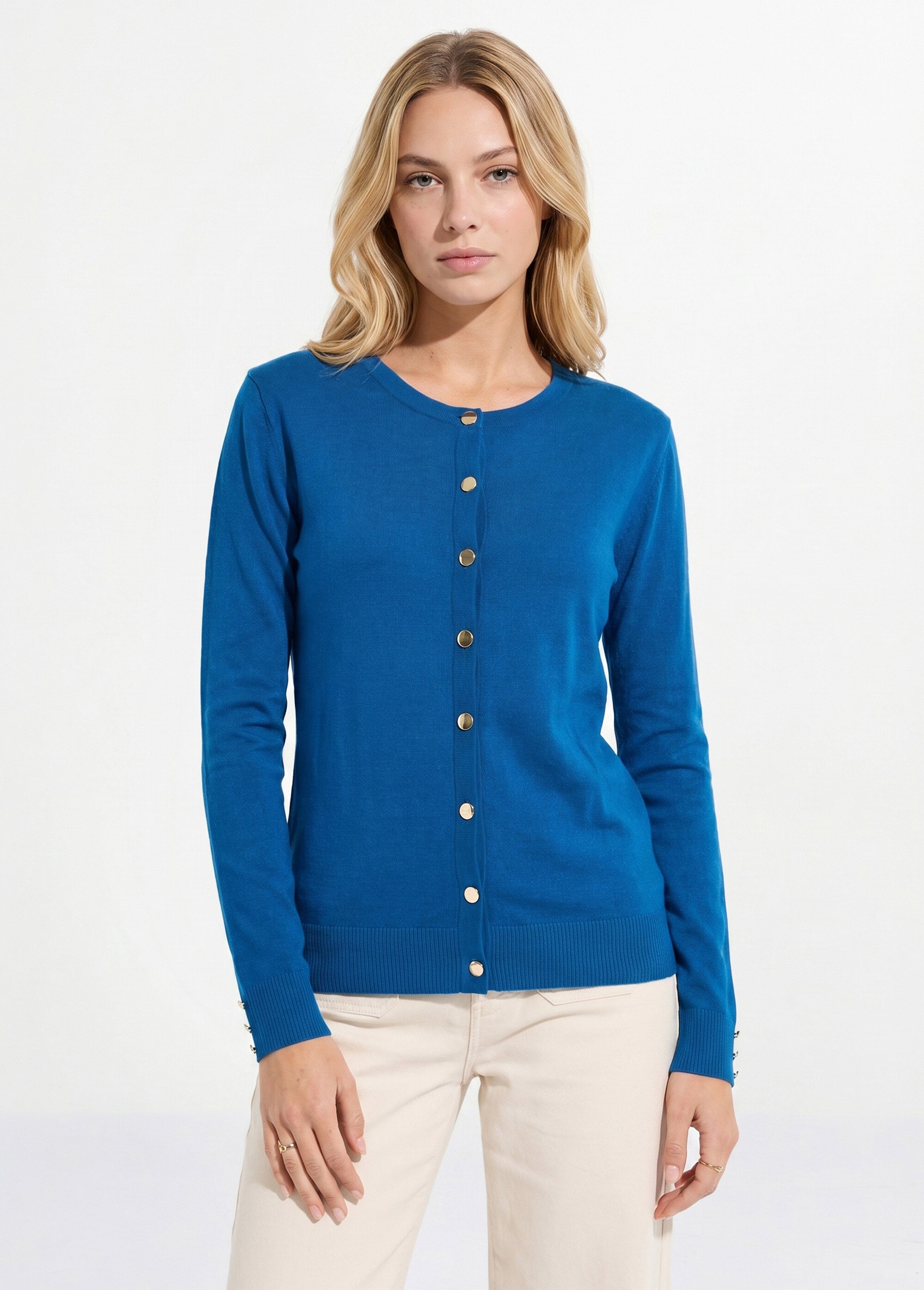 Gilet fin col rond boutonné jersey uni avec laine mérinos Femme Bleu PALOMA FA1