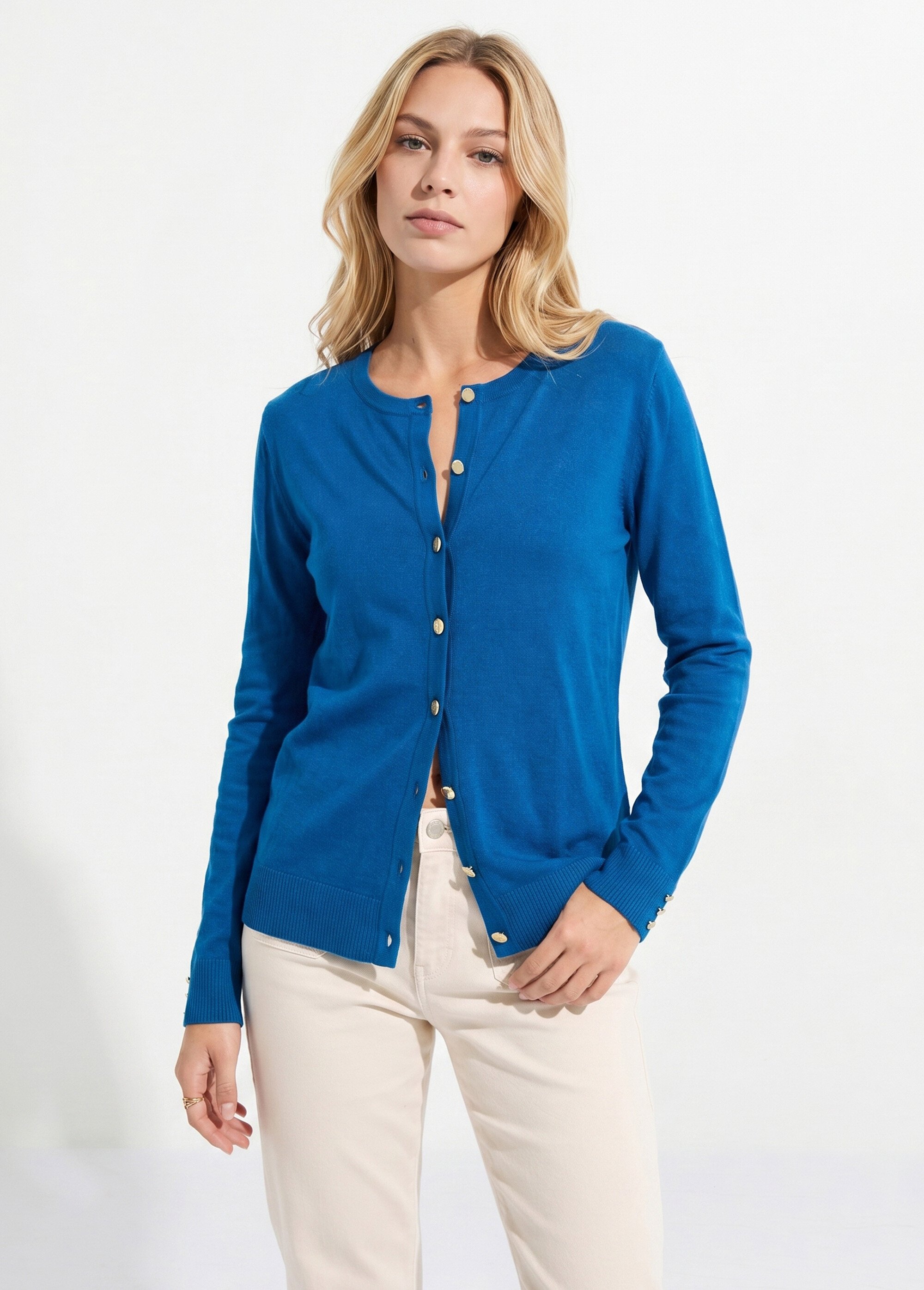 Gilet fin col rond boutonné jersey uni avec laine mérinos Femme Bleu PALOMA FA2