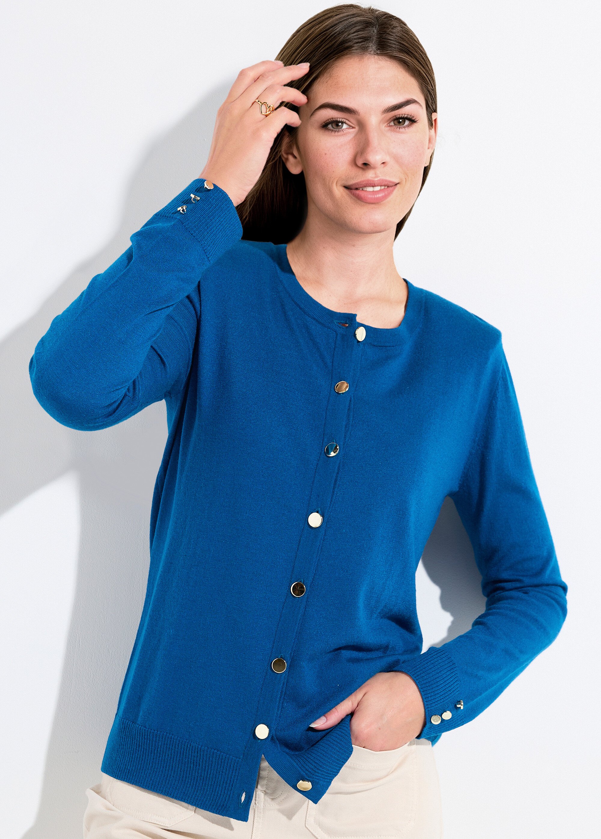 Gilet fin col rond boutonné jersey uni avec laine mérinos Femme Bleu PALOMA MV1