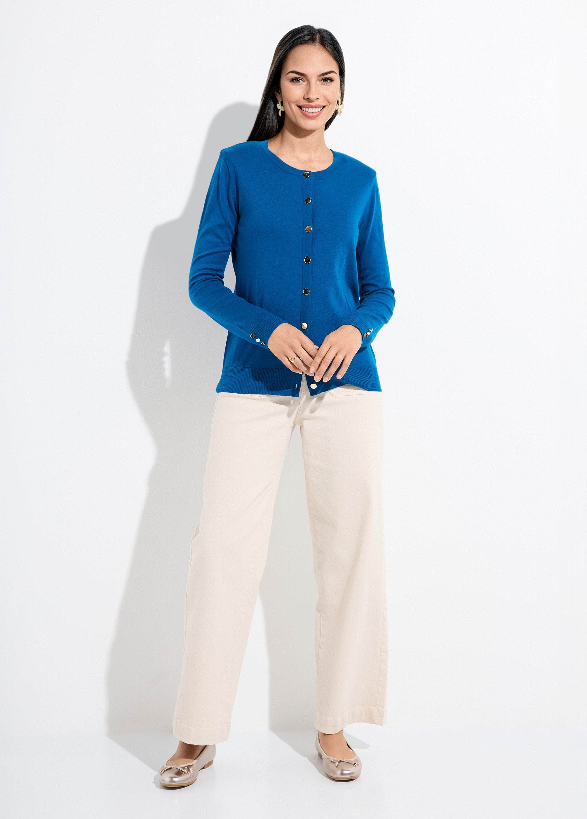 Gilet fin col rond boutonné jersey uni avec laine mérinos Femme Bleu PALOMA SF1