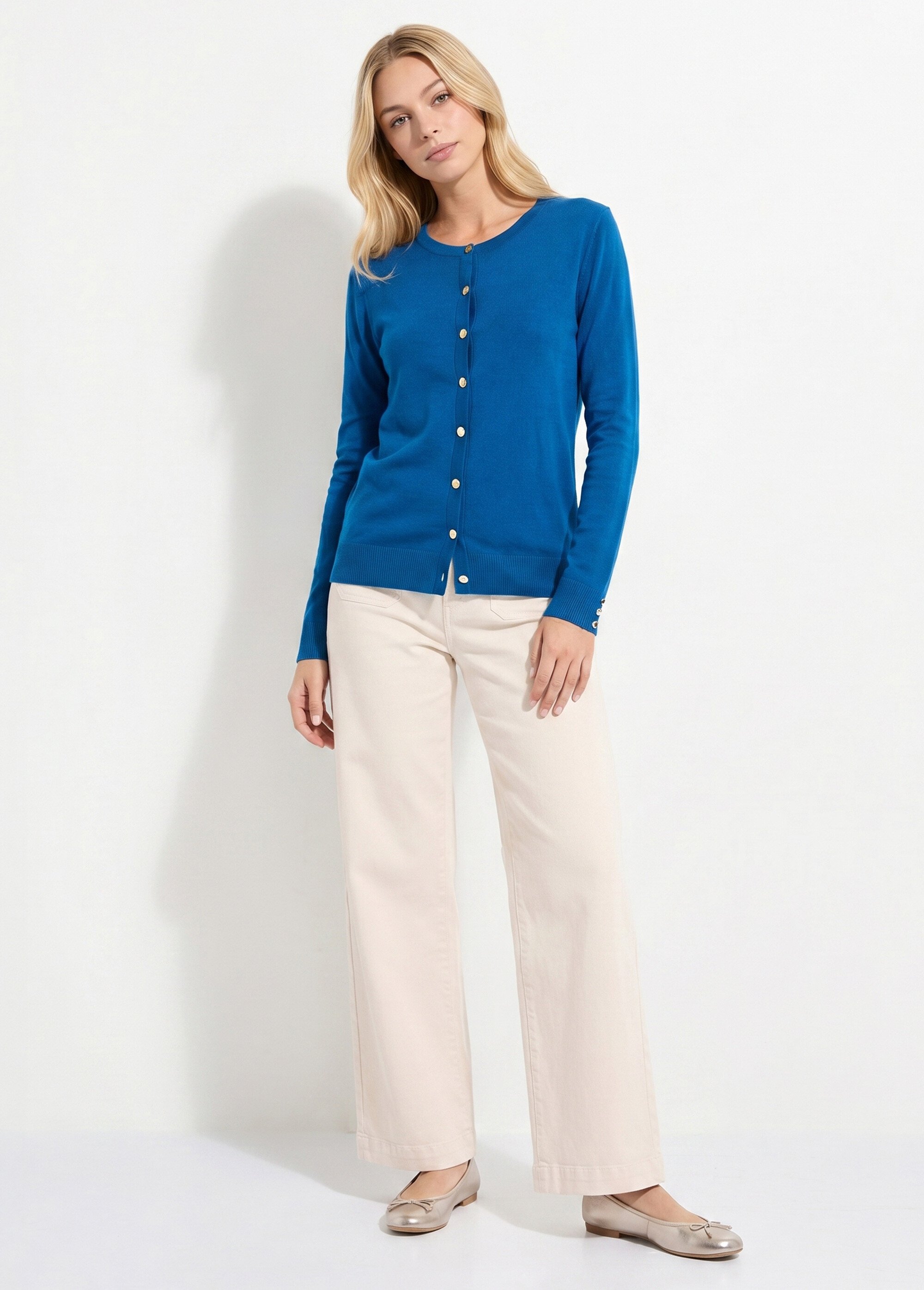 Gilet fin col rond boutonné jersey uni avec laine mérinos Femme Bleu PALOMA SI1