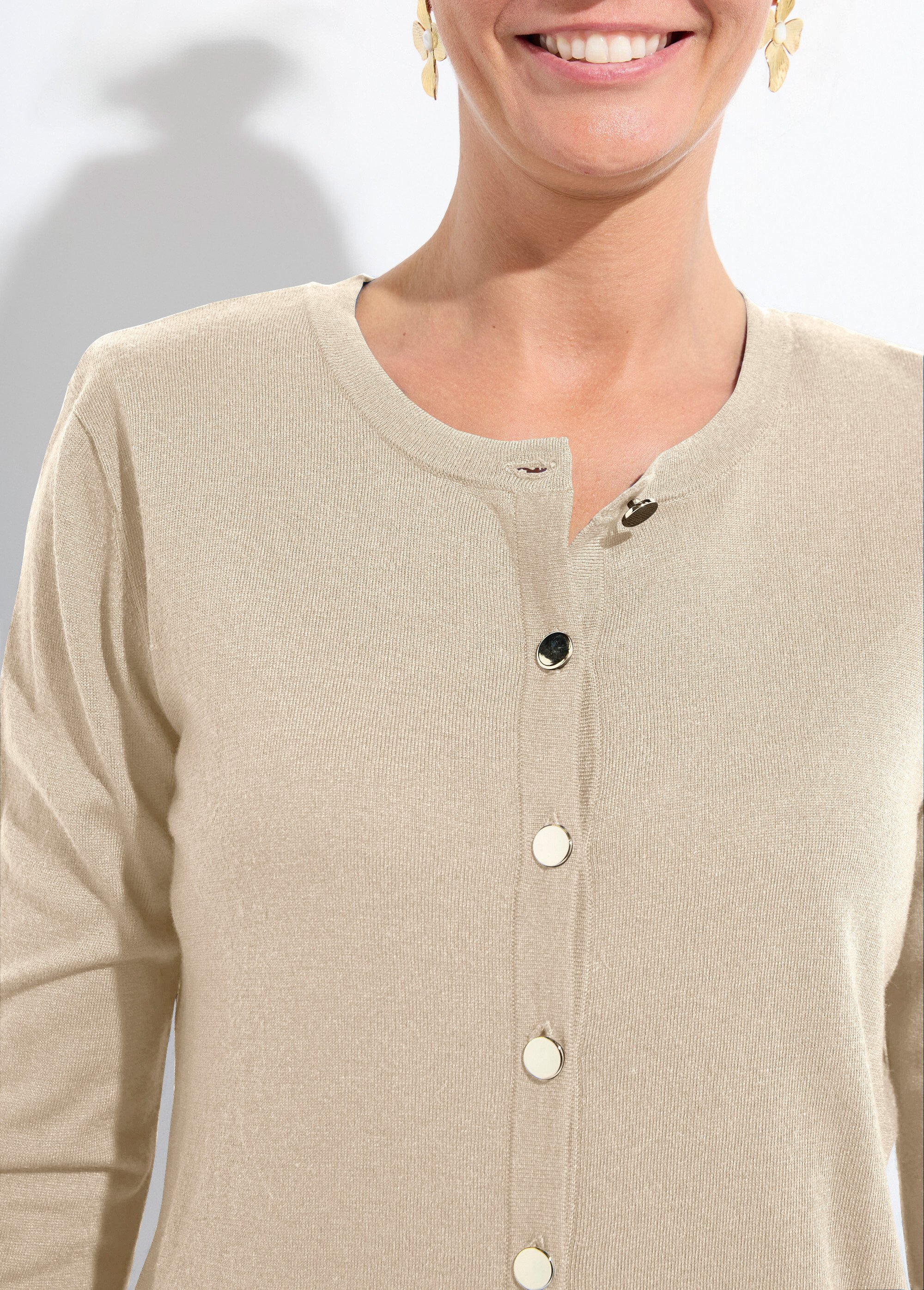 Gilet fin col rond boutonné jersey uni avec laine mérinos Femme Beige PALOMA DE1