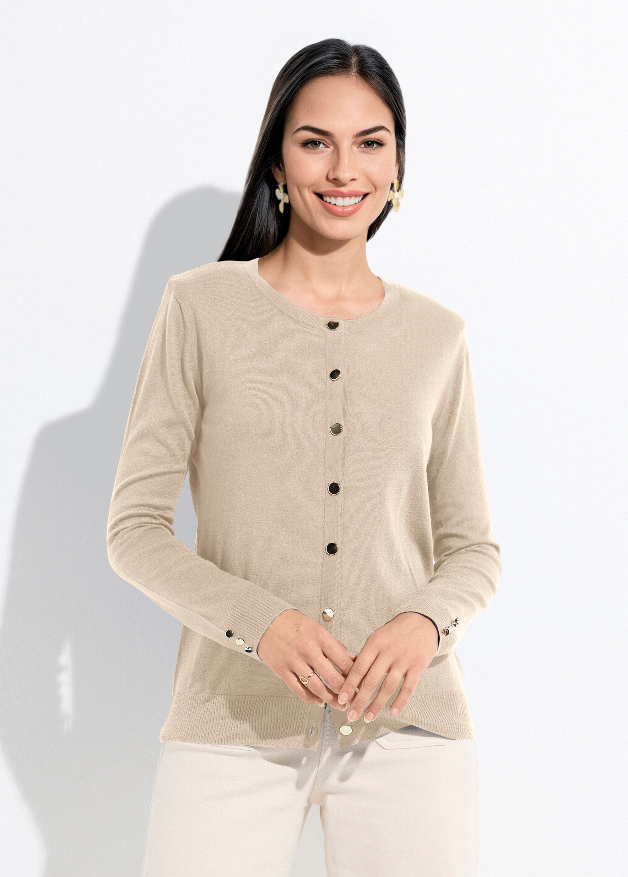 Gilet fin col rond boutonné jersey uni avec laine mérinos Femme Beige PALOMA FA1