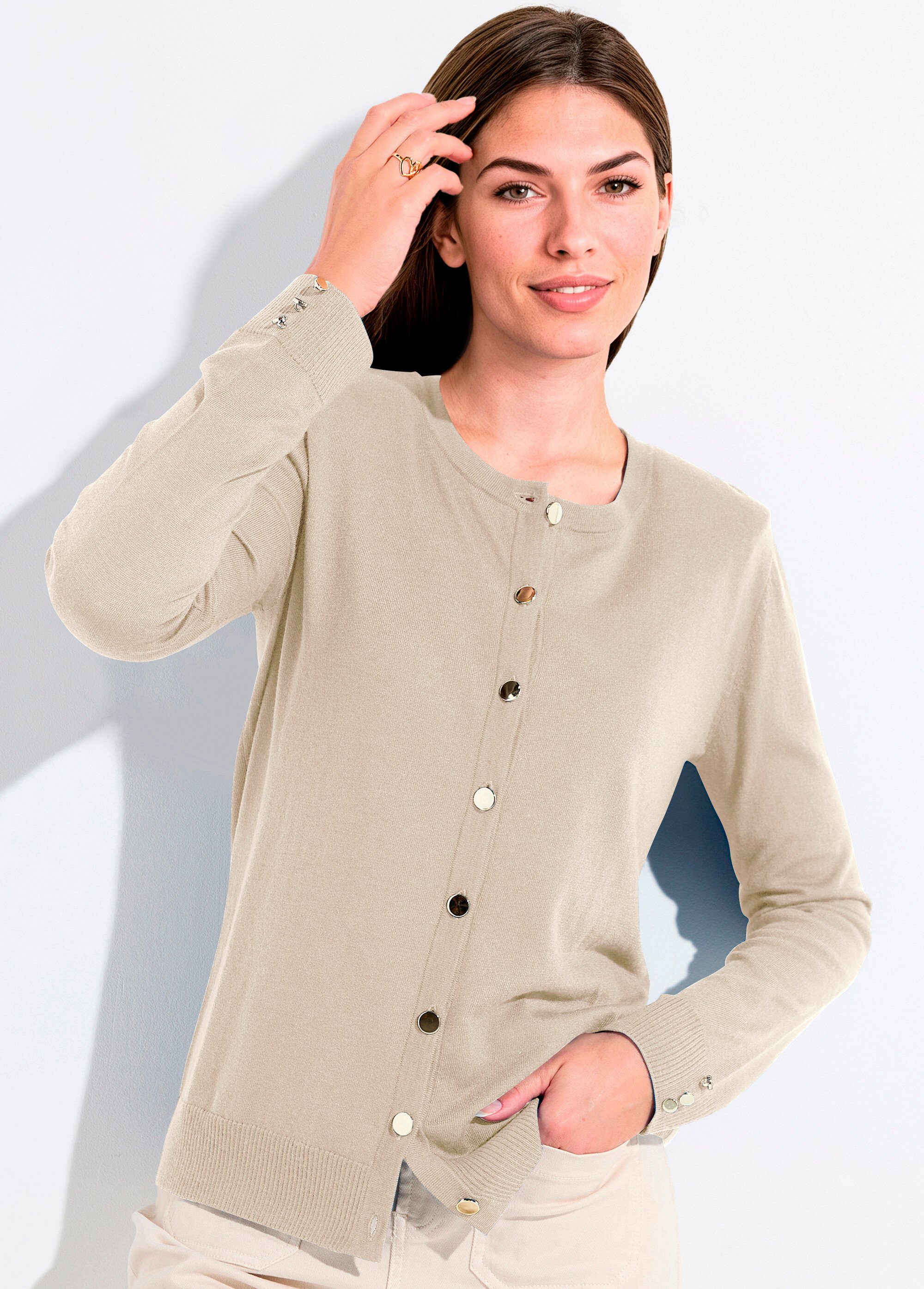 Gilet fin col rond boutonné jersey uni avec laine mérinos Femme Beige PALOMA MV1