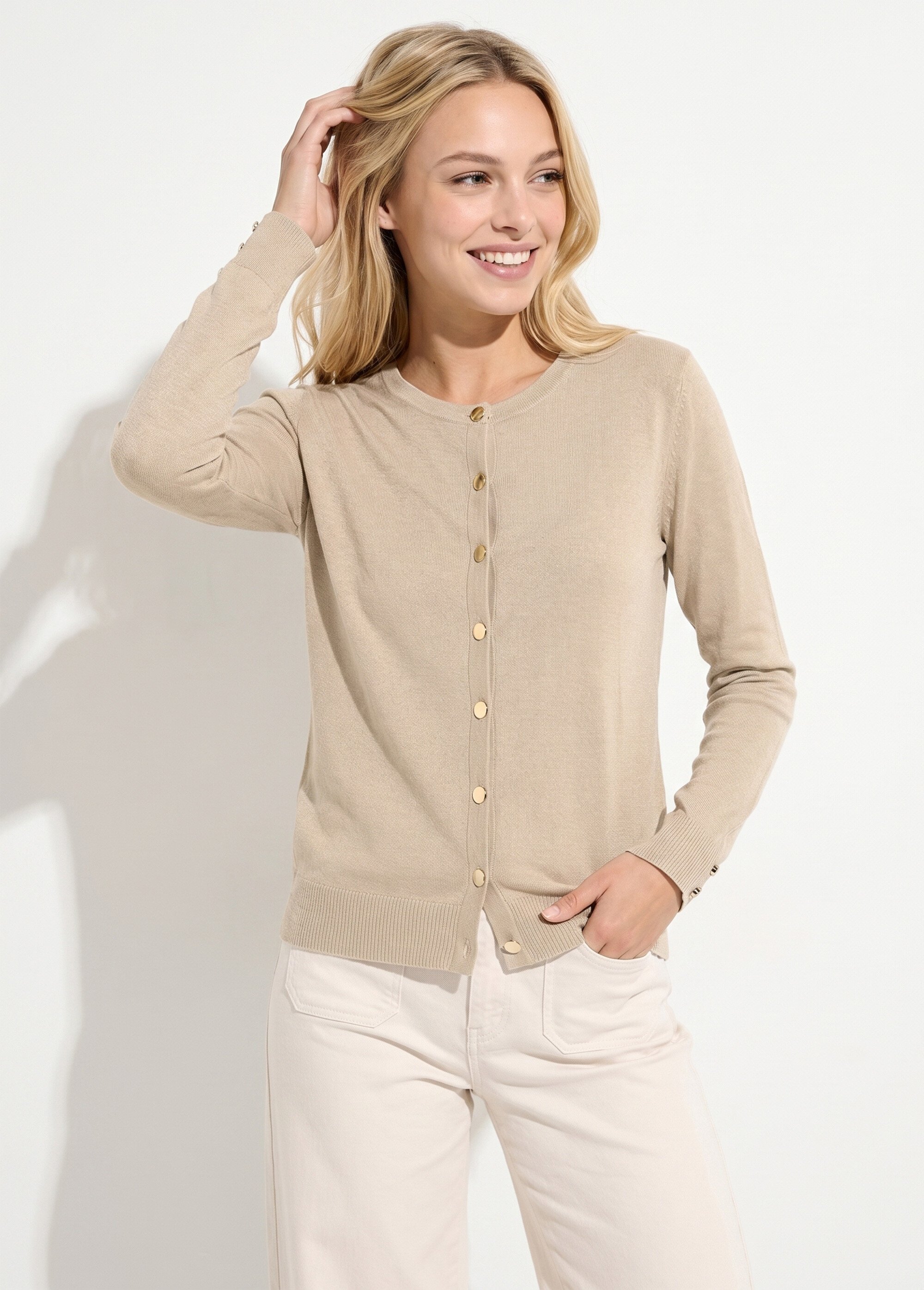 Gilet fin col rond boutonné jersey uni avec laine mérinos Femme Beige PALOMA MV1