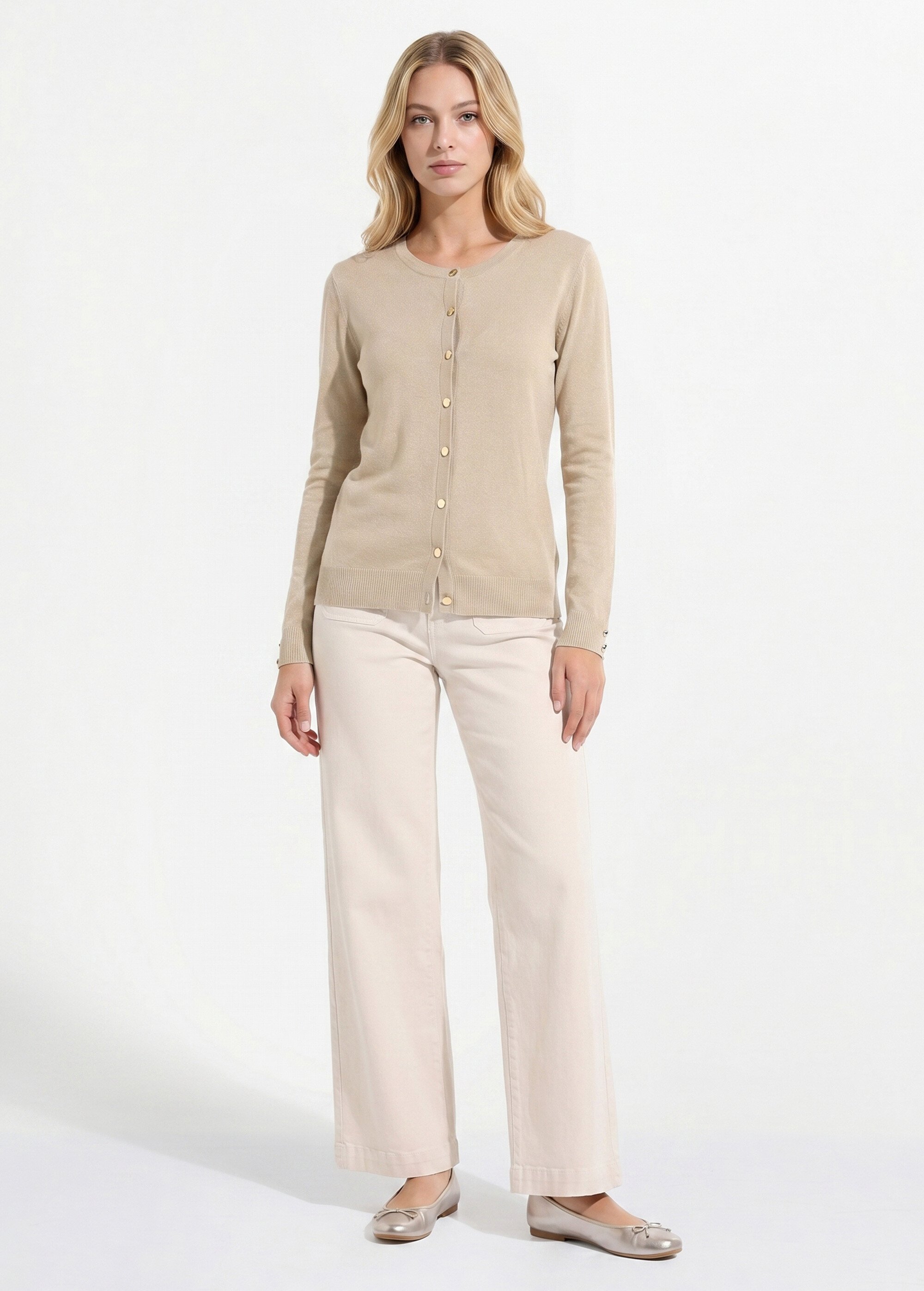 Gilet fin col rond boutonné jersey uni avec laine mérinos Femme Beige PALOMA SI1