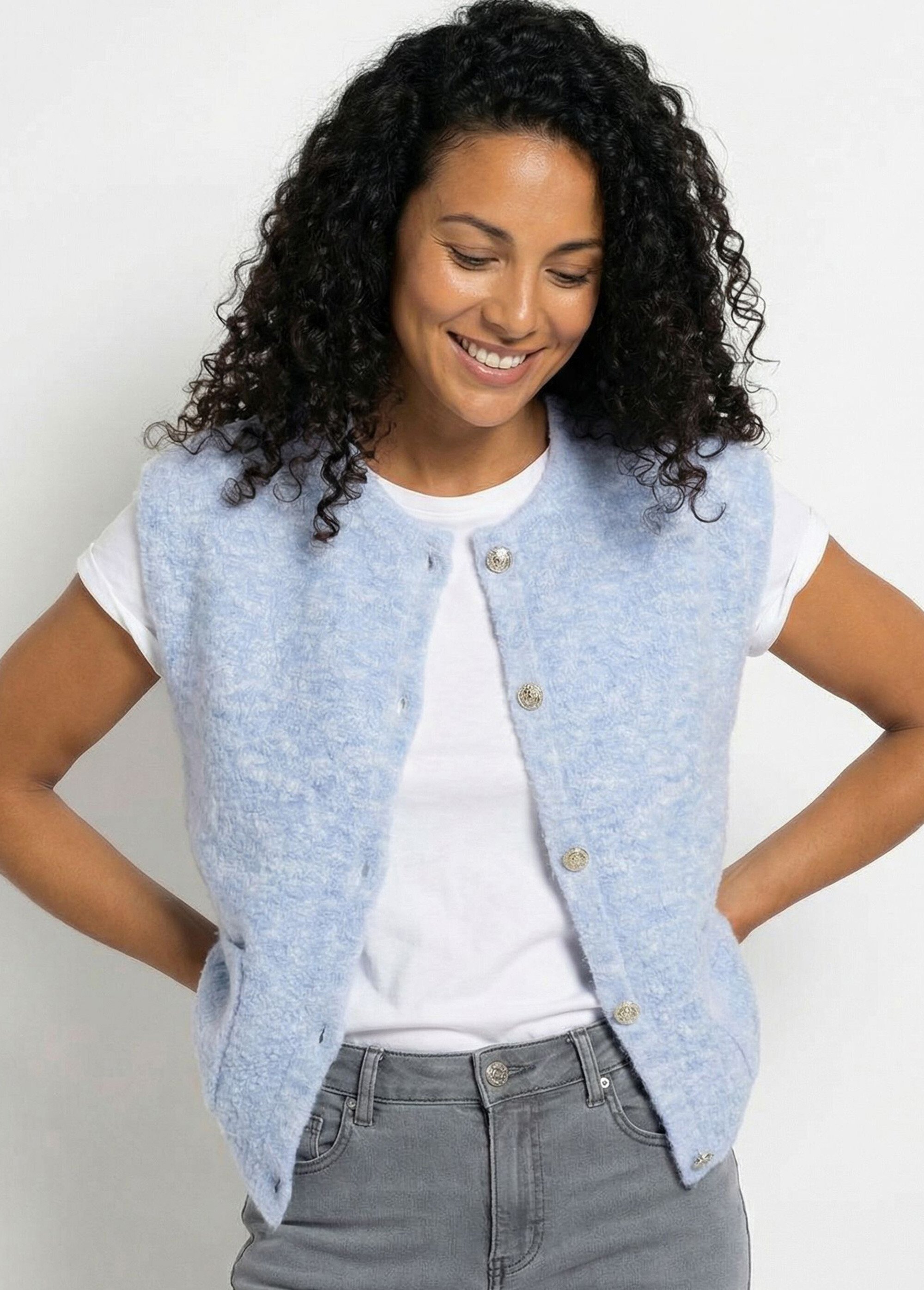 Gilet sans manches boutons dorés maille bouclette Femme Bleu MARCUS MV1