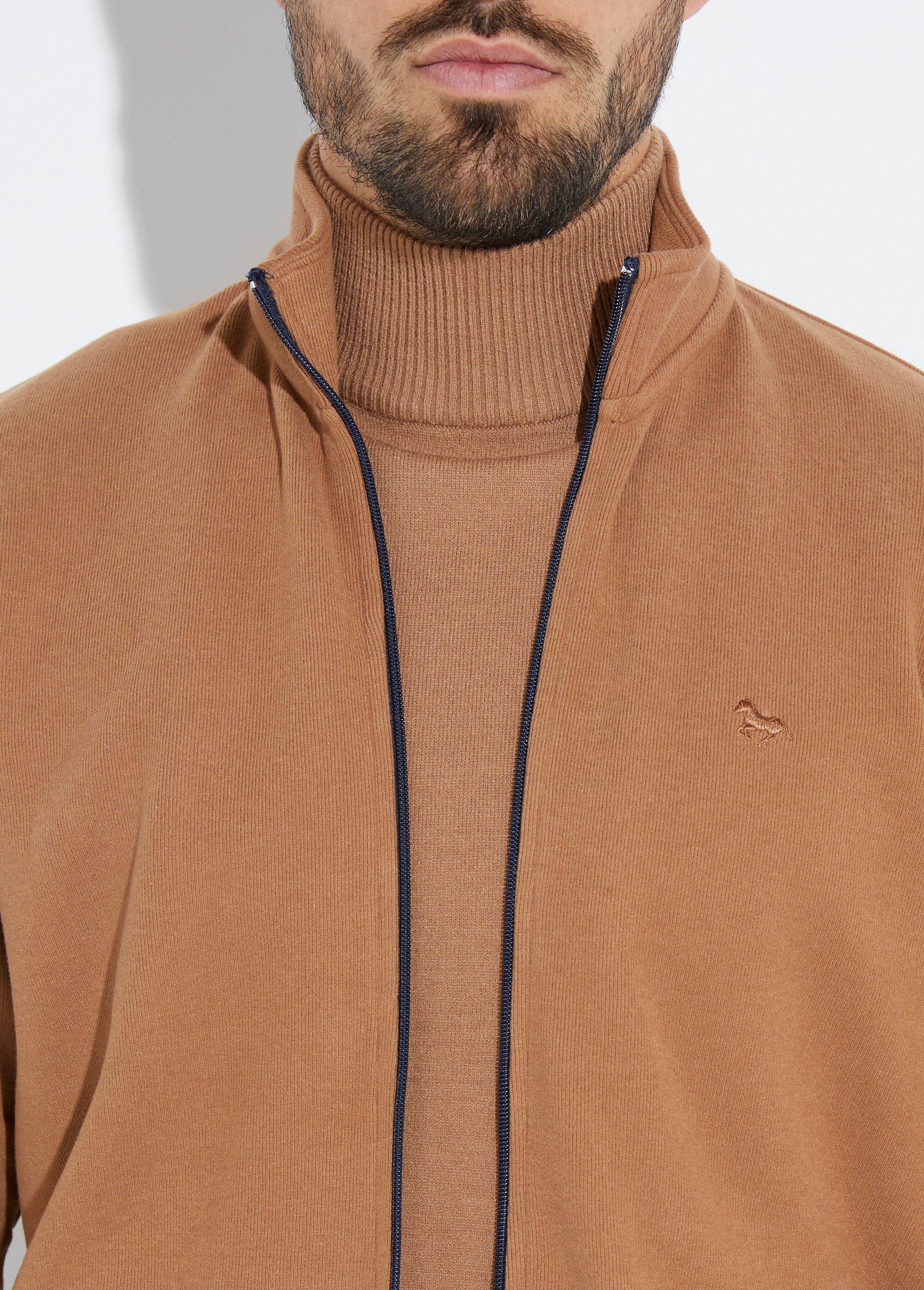 Gilet zippé doux en maille, col montant Homme Beige STI19800 DE1