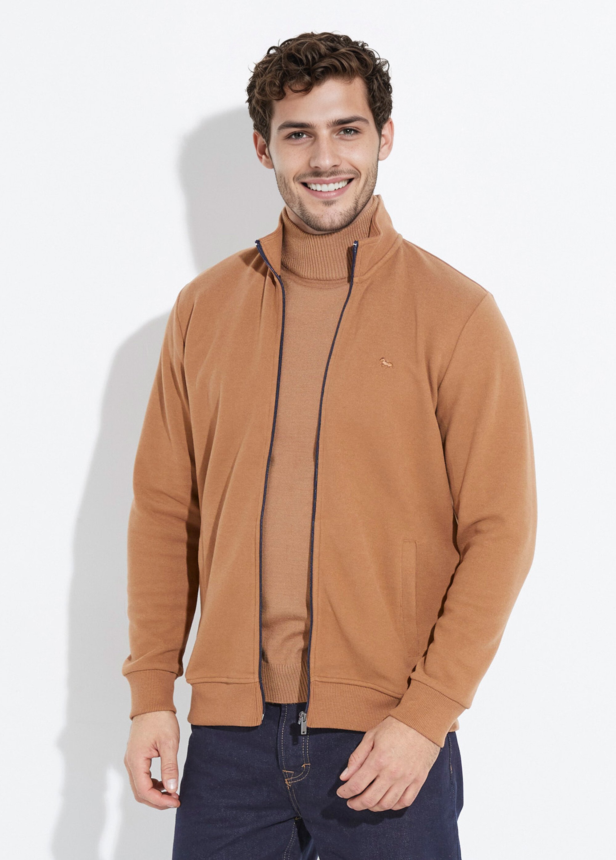 Gilet zippé doux en maille, col montant Homme Beige STI19800 FA1