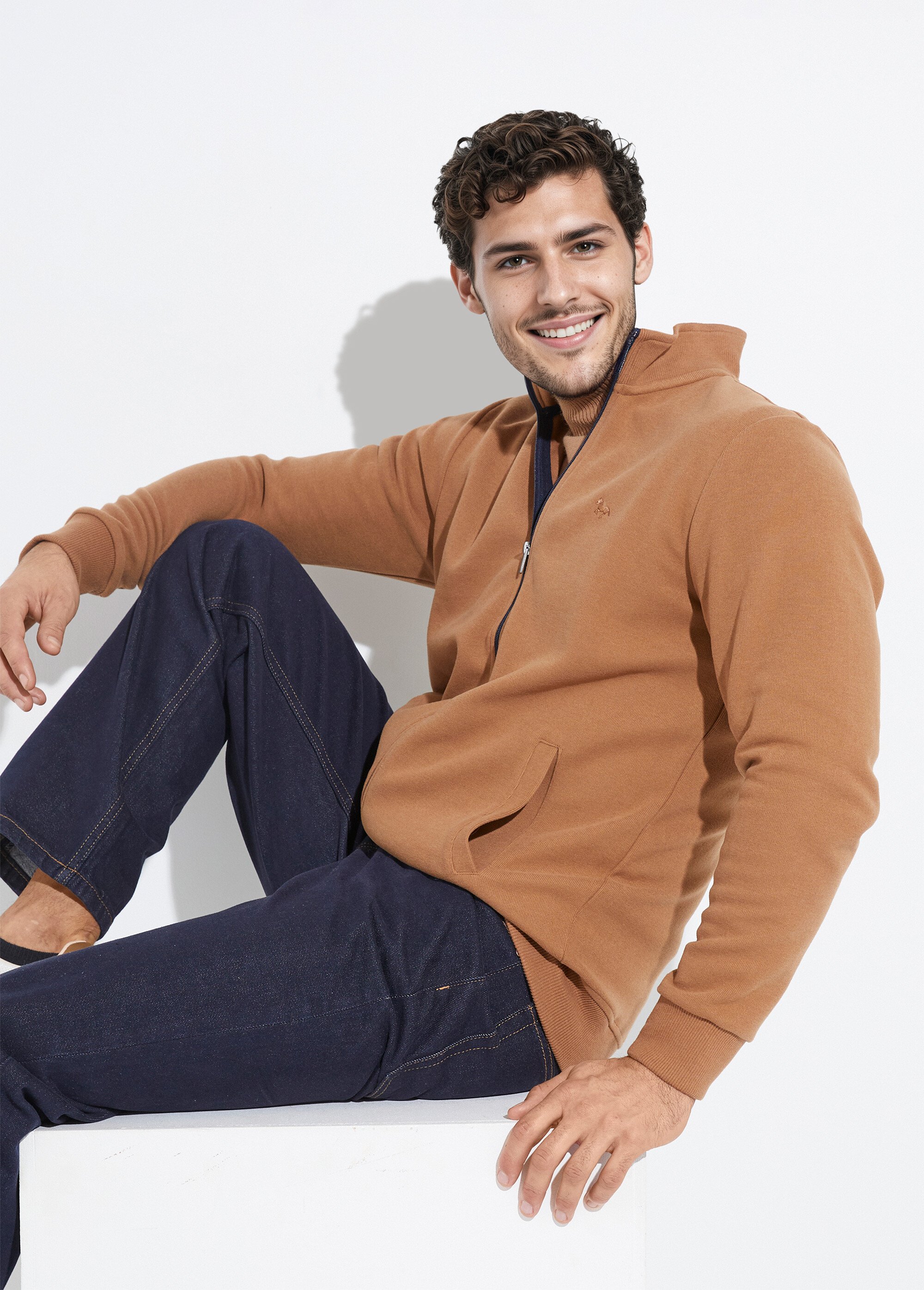 Gilet zippé doux en maille, col montant Homme Beige STI19800 MV1