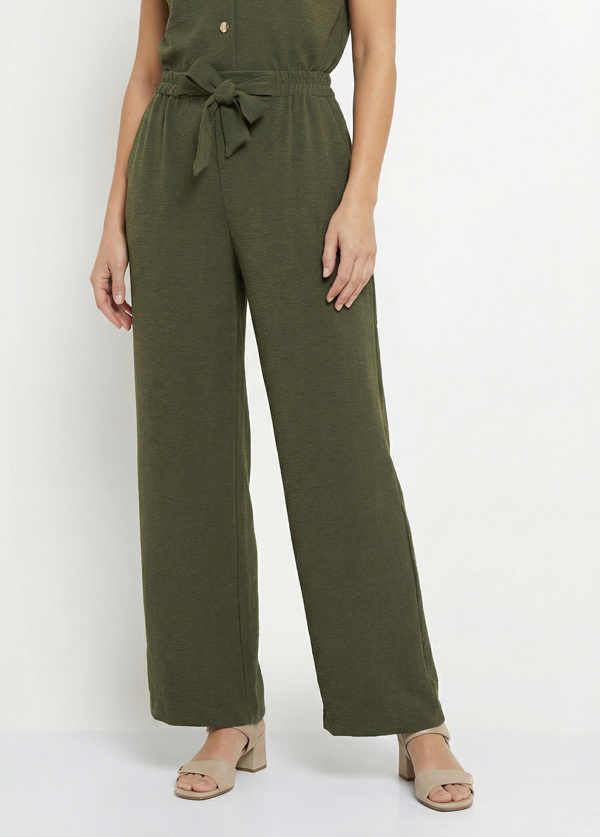 Pantalon souple texturé, noué taille Femme Vert MOD-PHAKI FA1