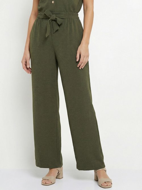 Pantalon souple texturé, noué taille Femme Vert MOD-PHAKI FA1