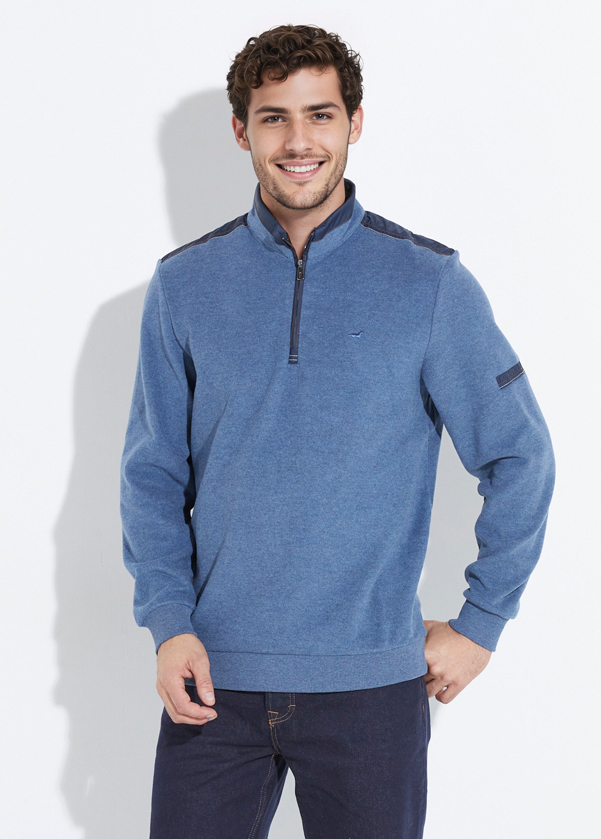 Pull avec col zippé et détails bimatière Homme Bleu STI22920 FA1