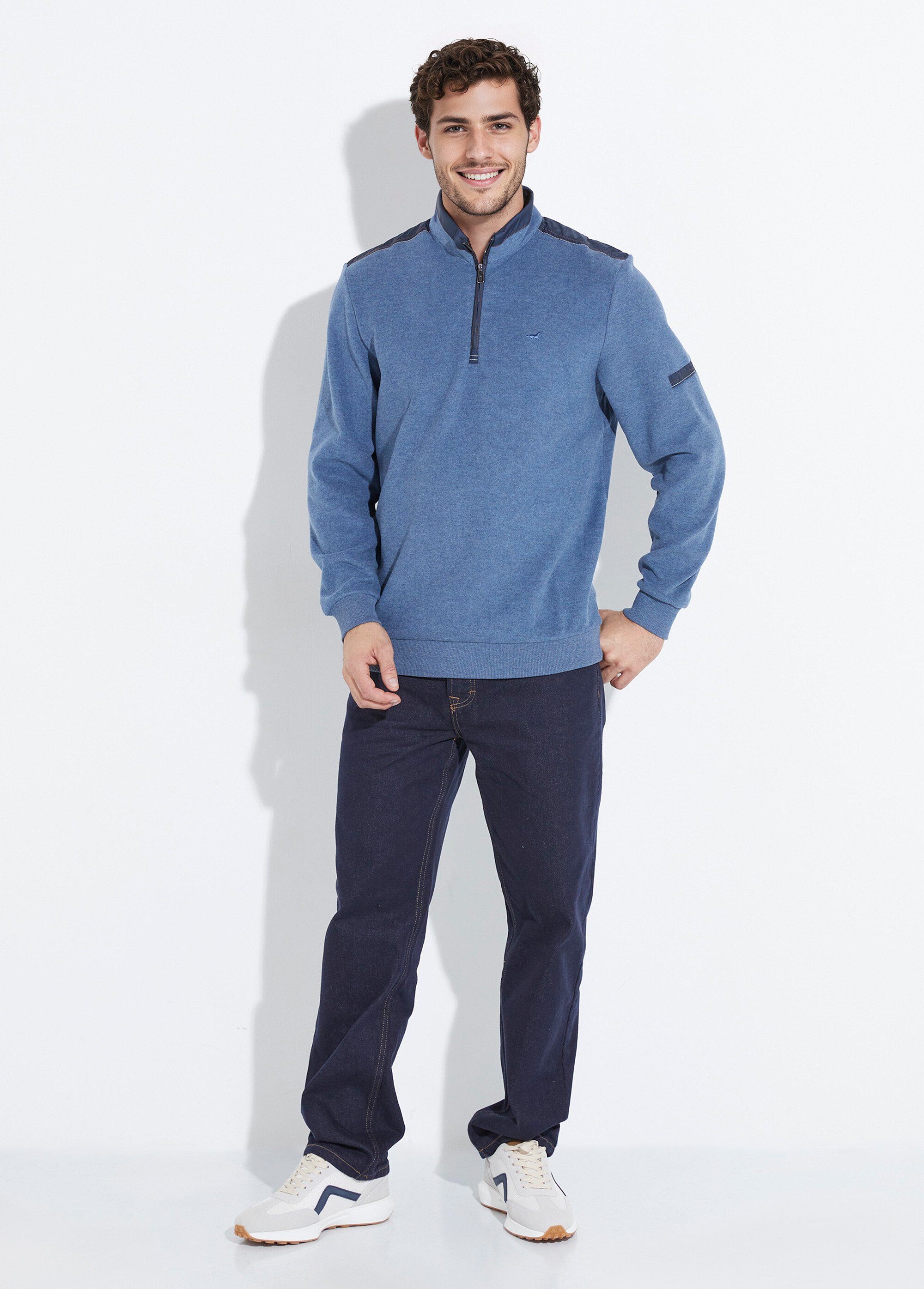 Pull avec col zippé et détails bimatière Homme Bleu STI22920 SF1