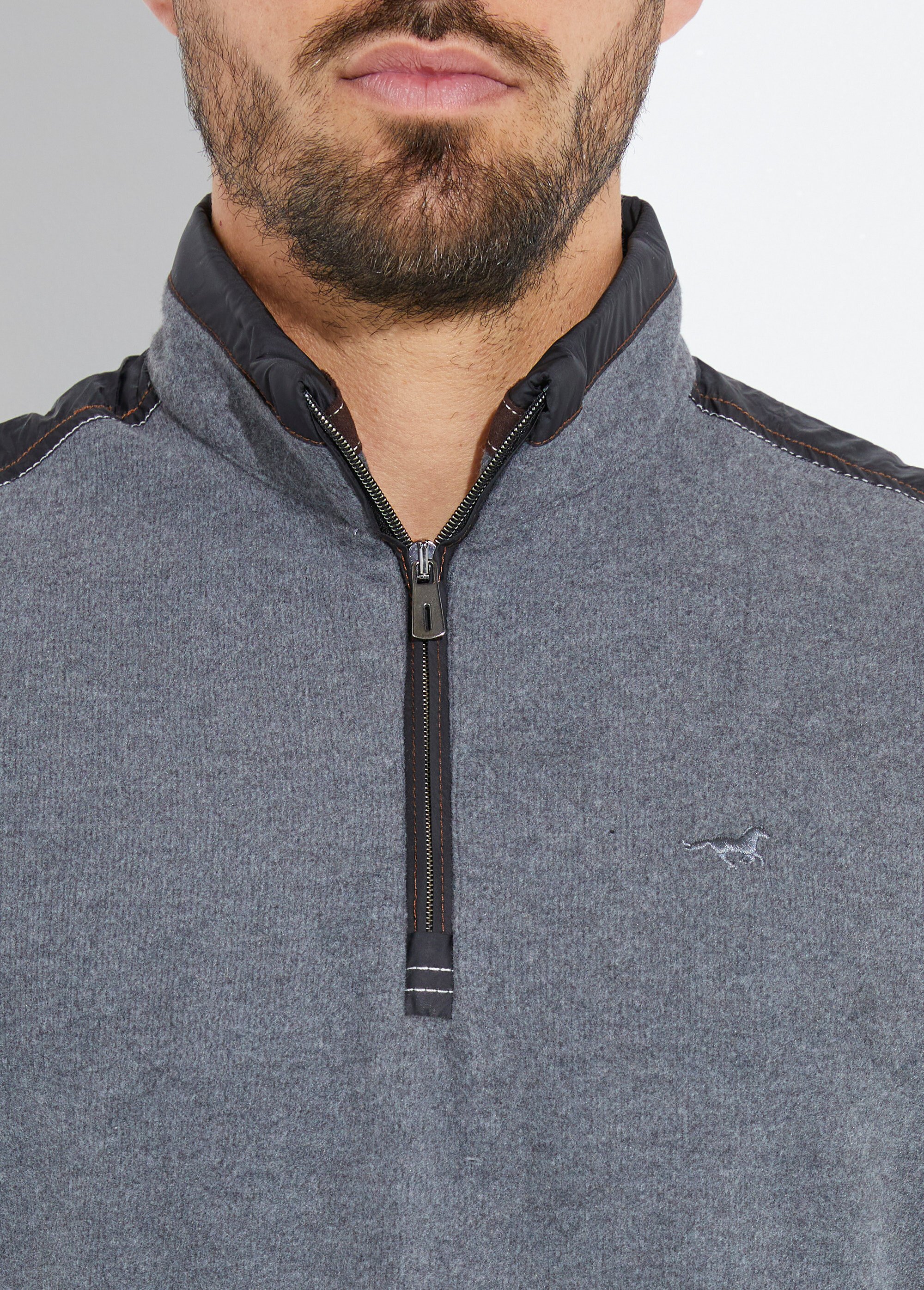 Pull avec col zippé et détails bimatière