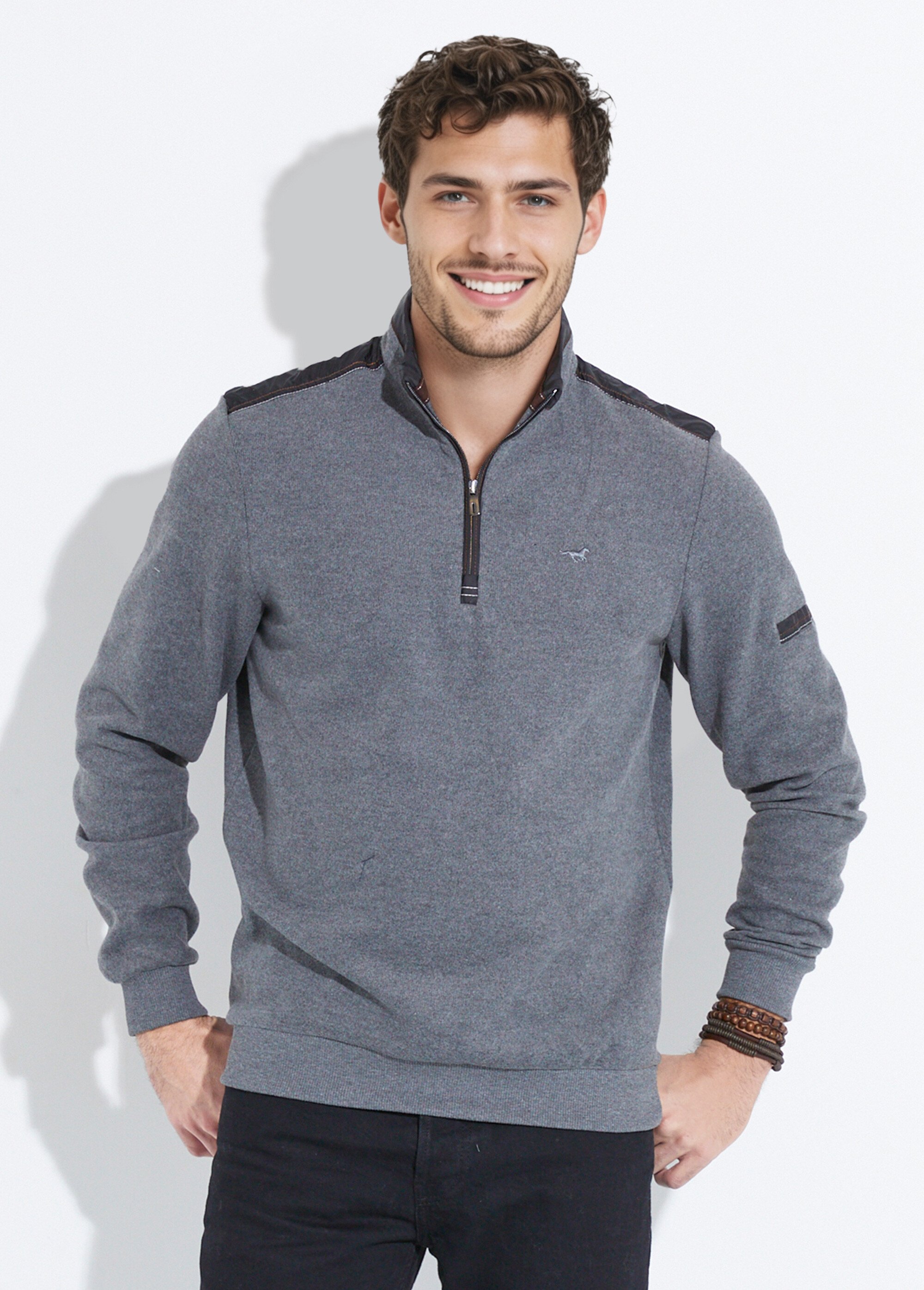 Pull avec col zippé et détails bimatière Homme Gris STI22920 FA1