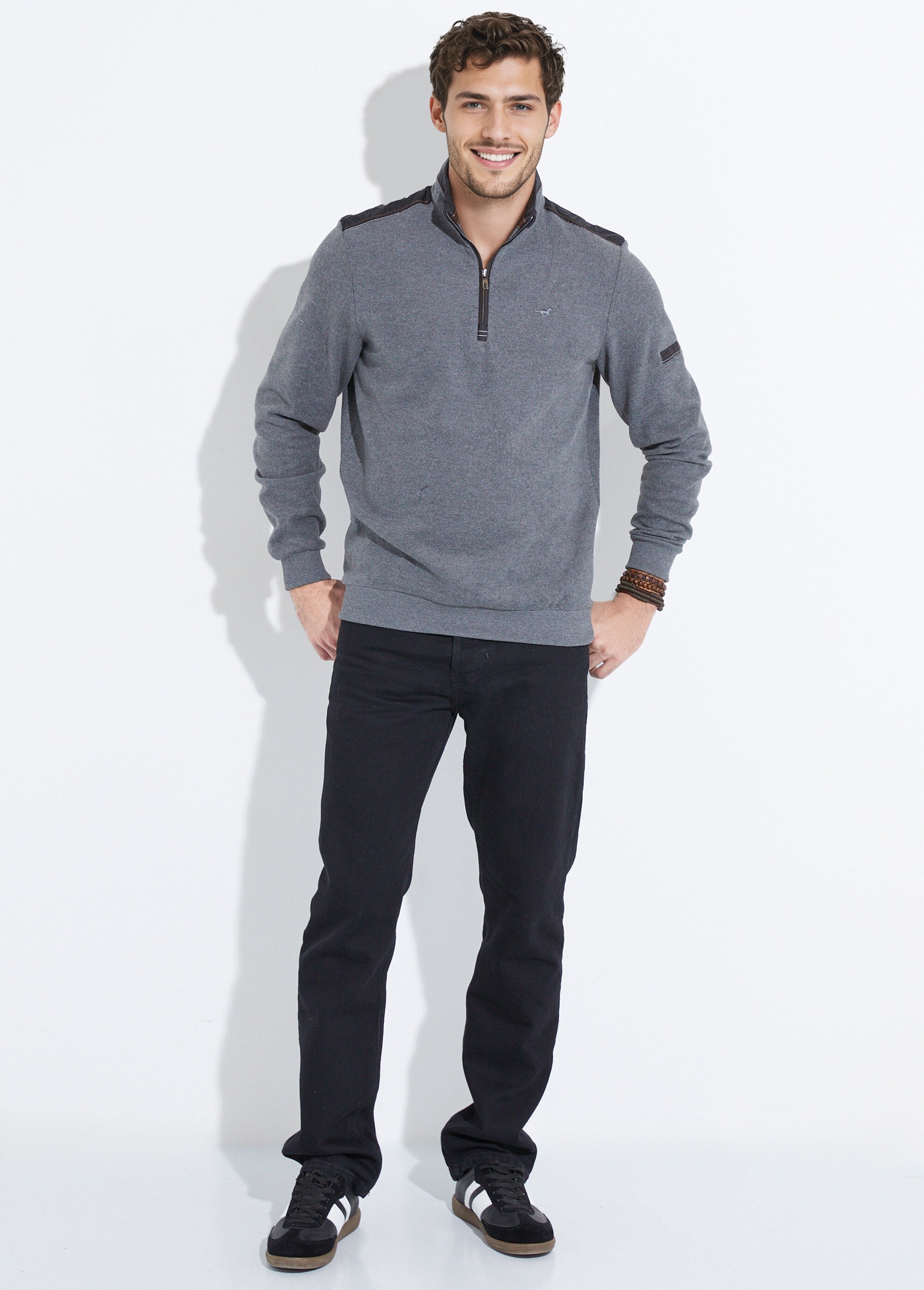 Pull avec col zippé et détails bimatière Homme Gris STI22920 SF1