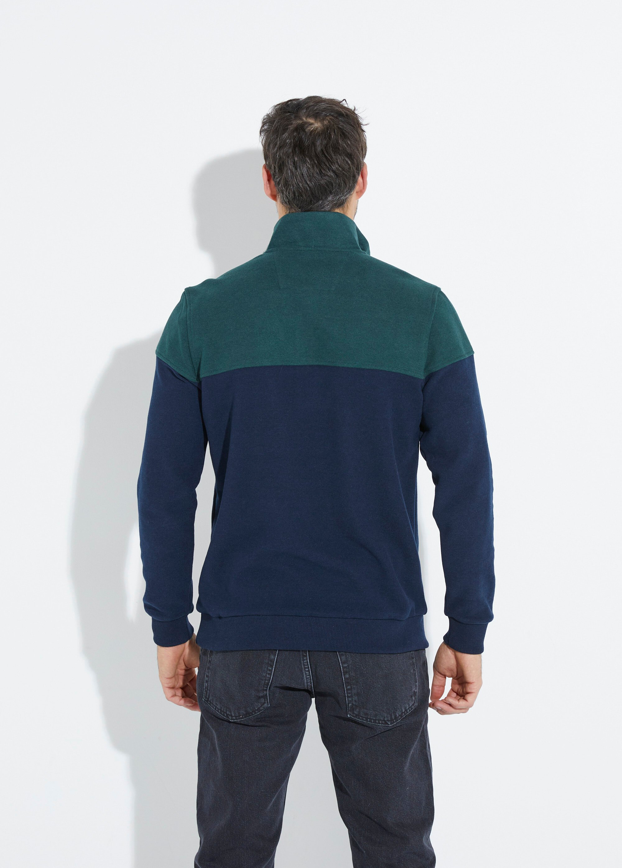 Pull bicolore doux, col montant 1/2 zip