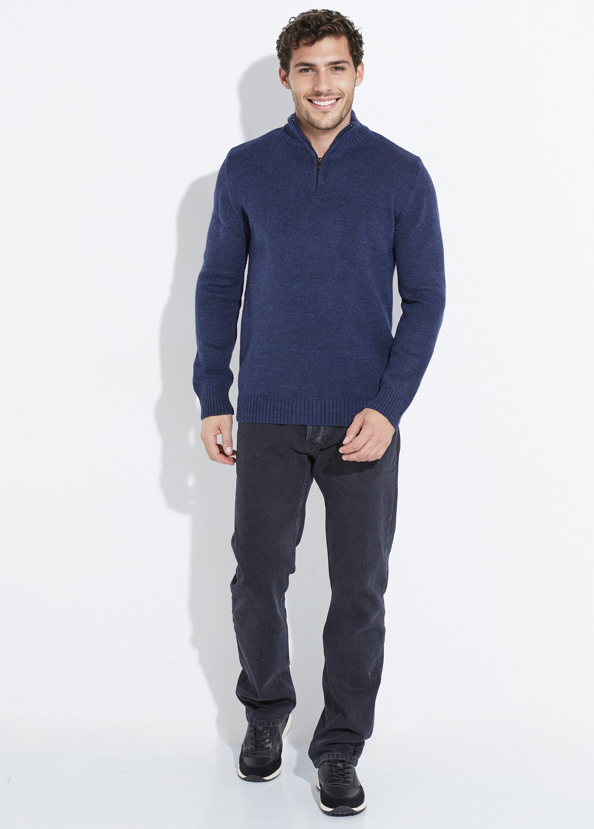 Pull col zippé chaud, laine majoritaire Homme Bleu STI23000 SF1