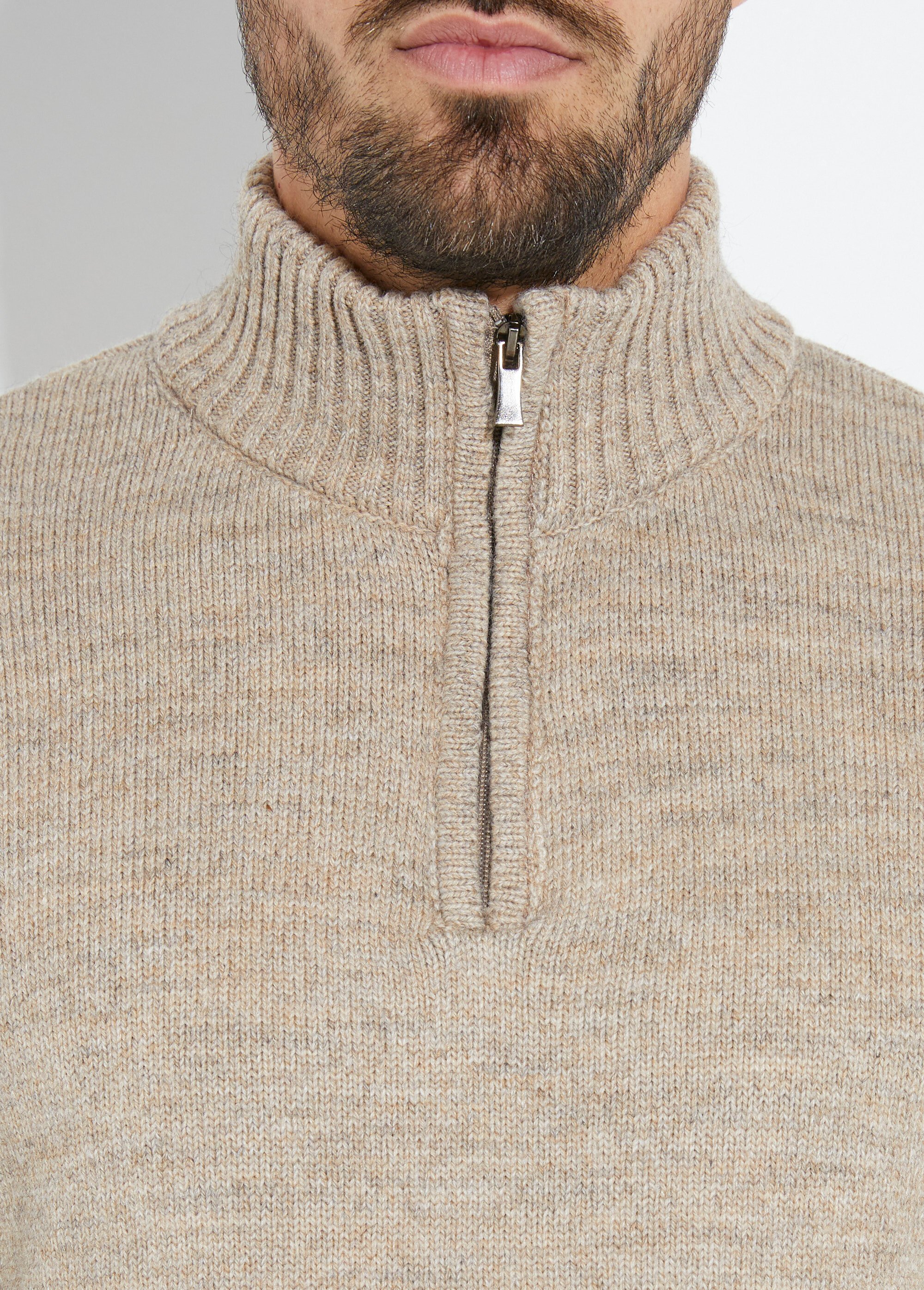 Pull col zippé chaud, laine majoritaire Homme Beige STI23000 DE1