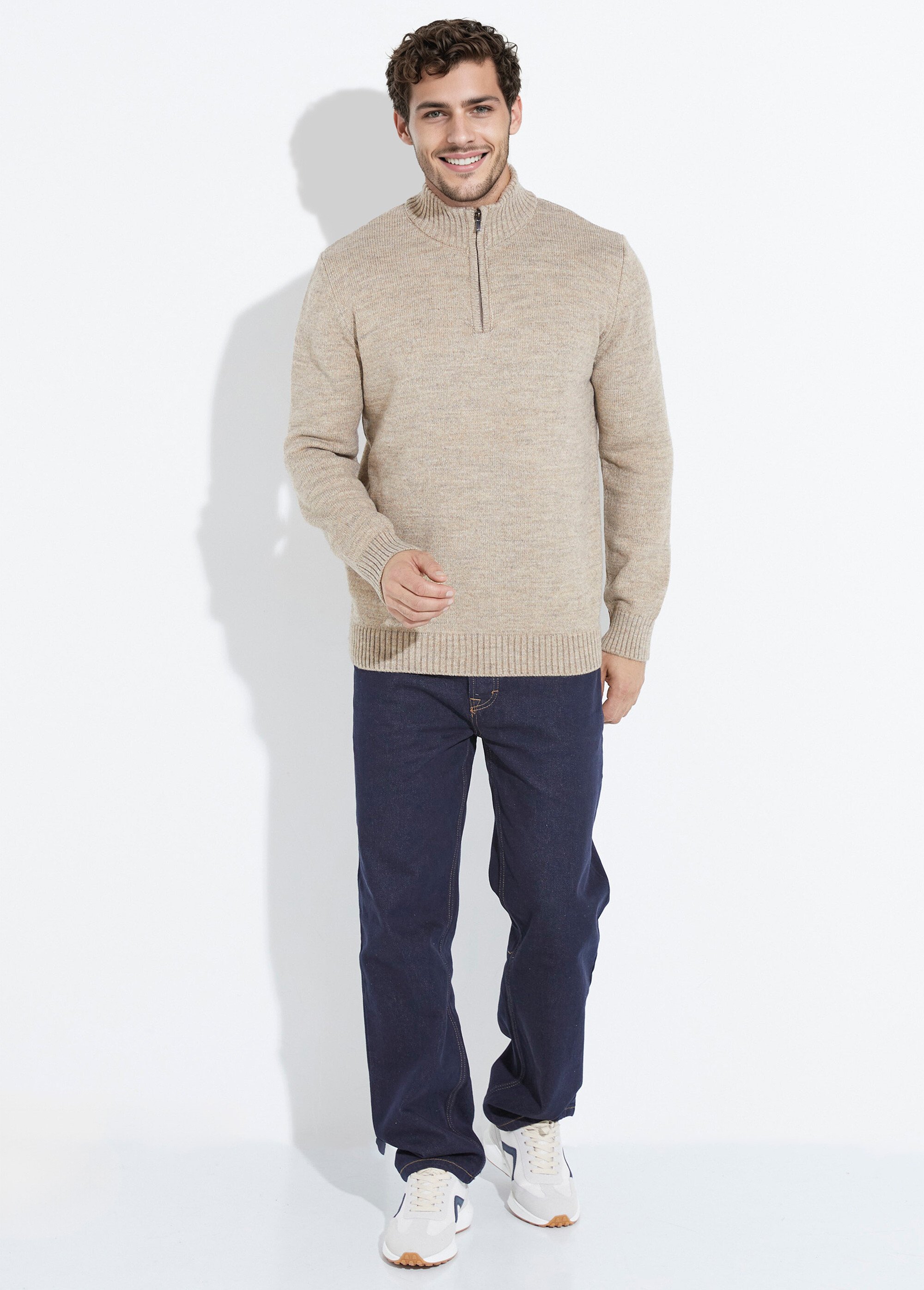 Pull col zippé chaud, laine majoritaire Homme Beige STI23000 SF1