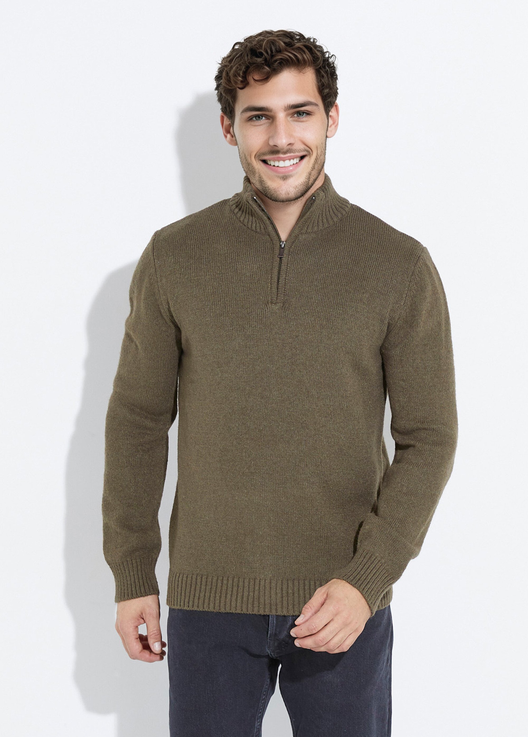 Pull col zippé chaud, laine majoritaire Homme Vert STI23000 FA1