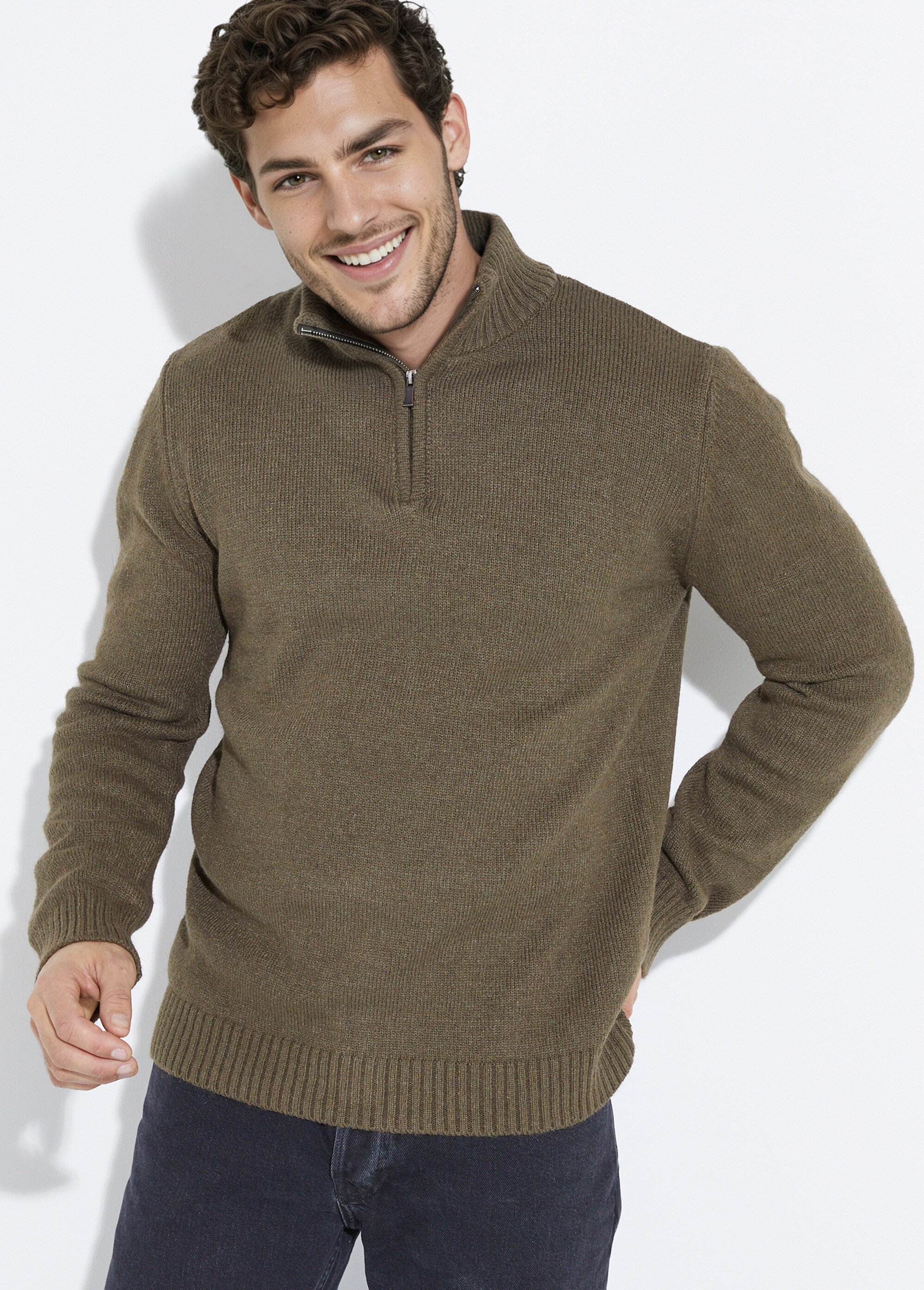 Pull col zippé chaud, laine majoritaire Homme Vert STI23000 MV1