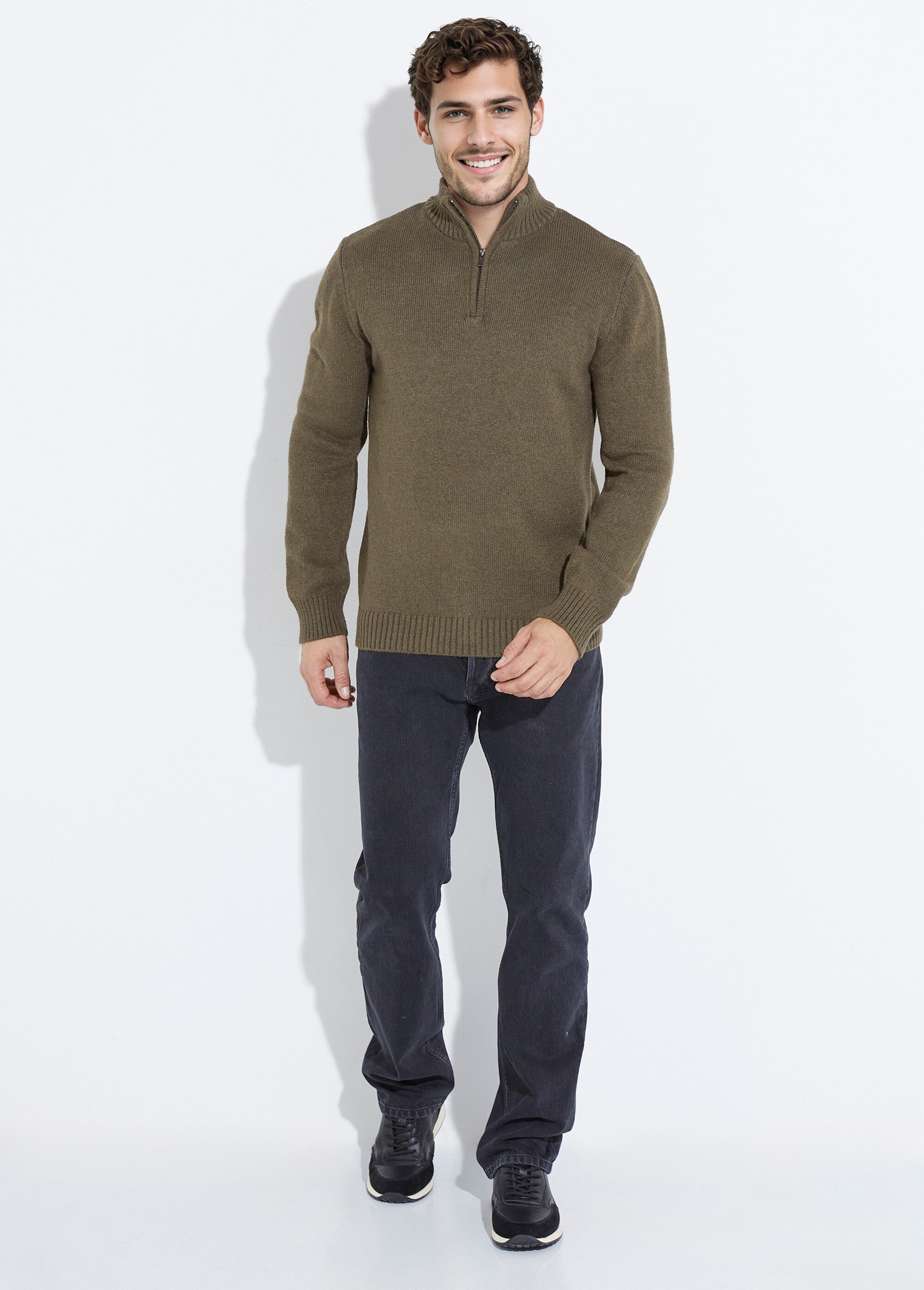 Pull col zippé chaud, laine majoritaire Homme Vert STI23000 SF1