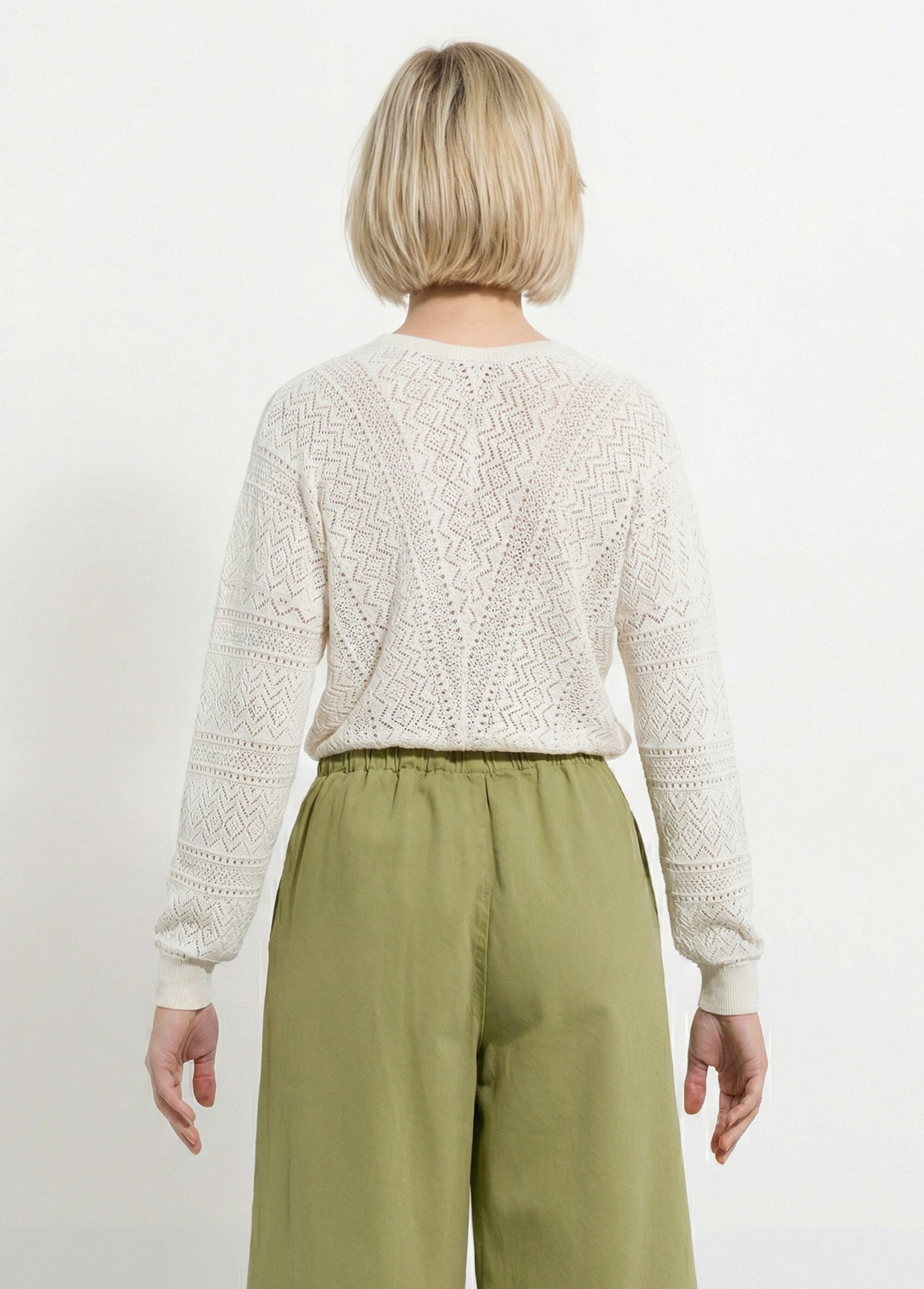 Pull doux col V maille ajourée avec fibres recyclées Femme Beige MERISE DO1