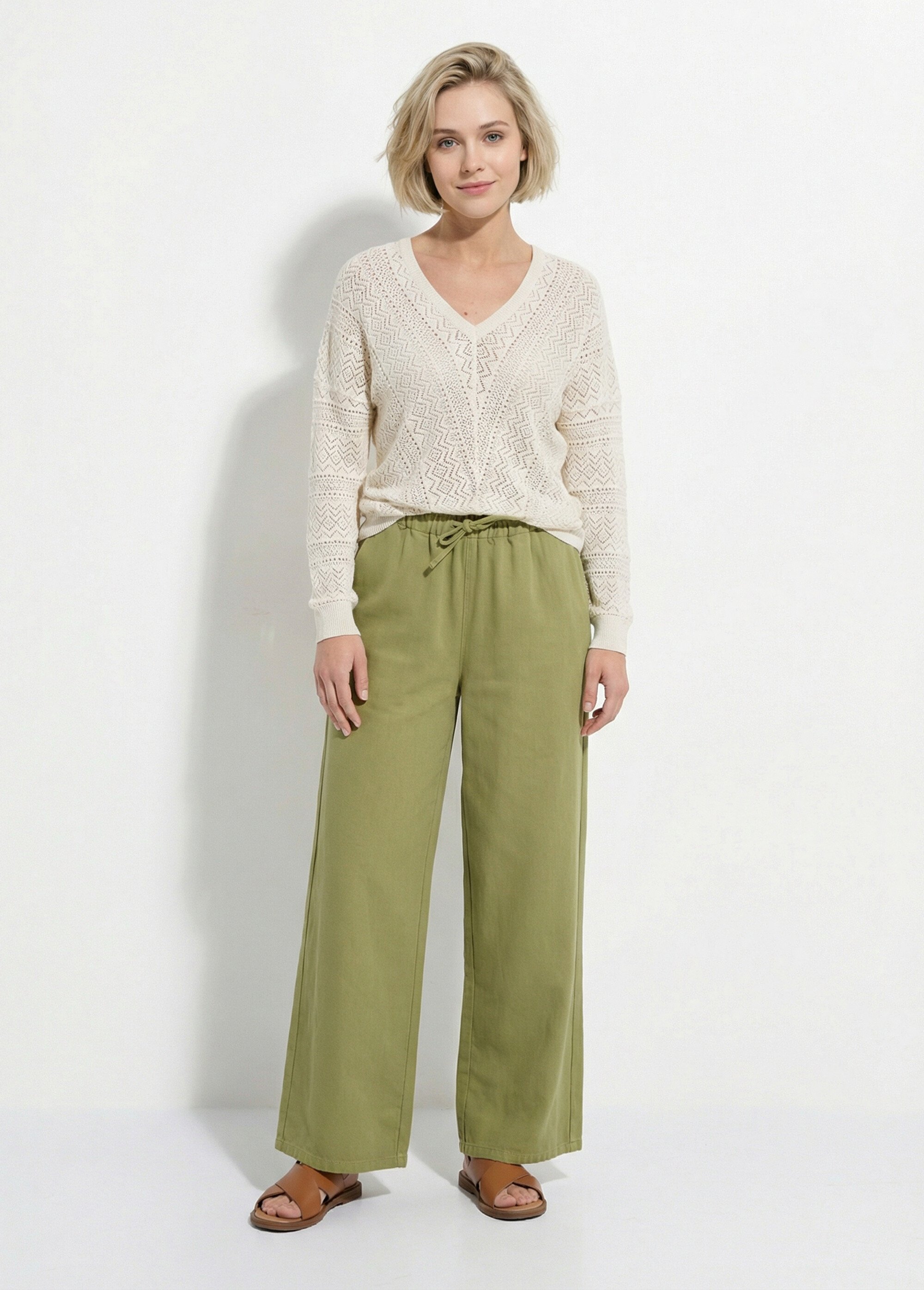 Pull doux col V maille ajourée avec fibres recyclées Femme Beige MERISE SF1