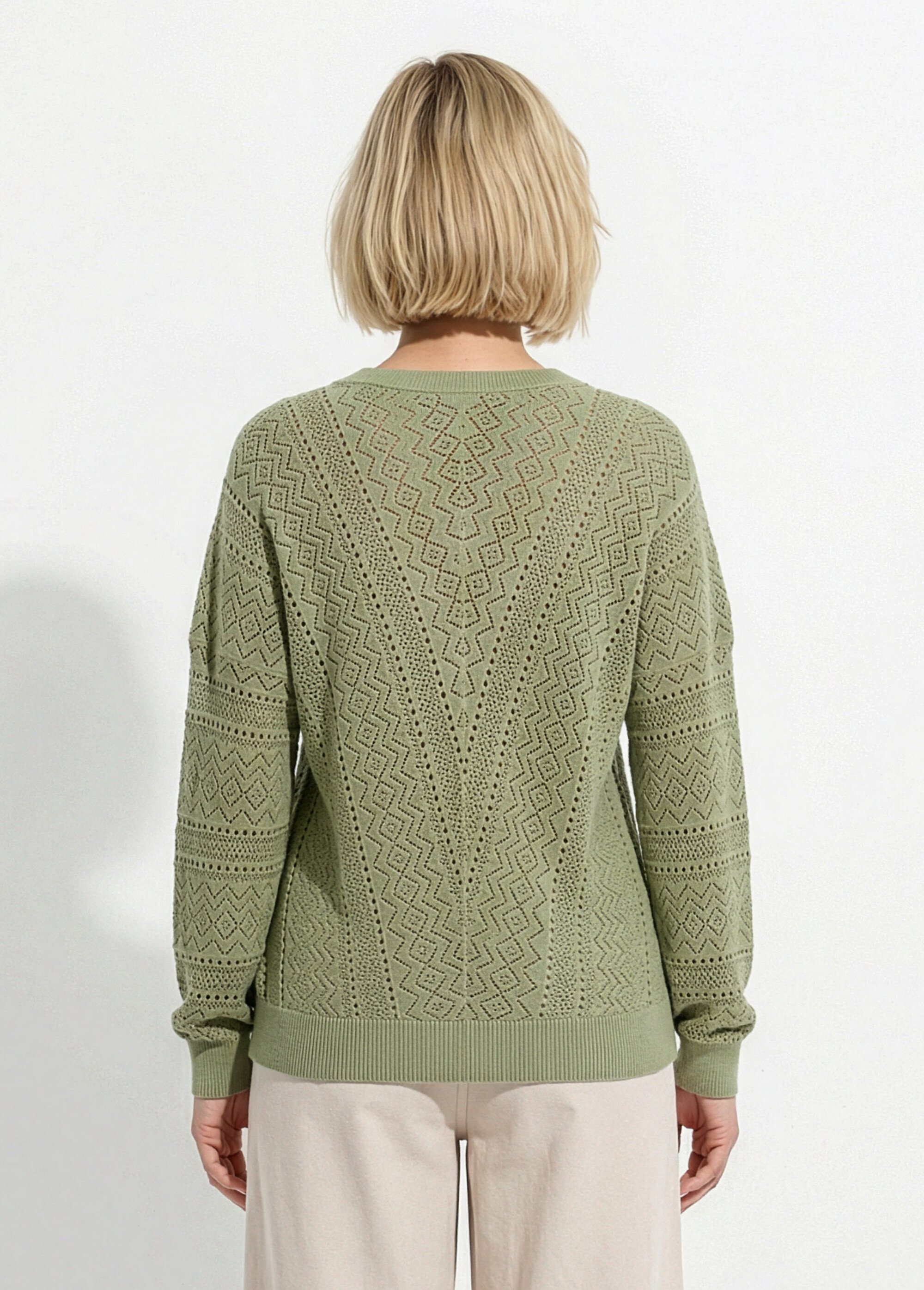 Pull doux col V maille ajourée avec fibres recyclées Femme OLIVE MERISE DO1