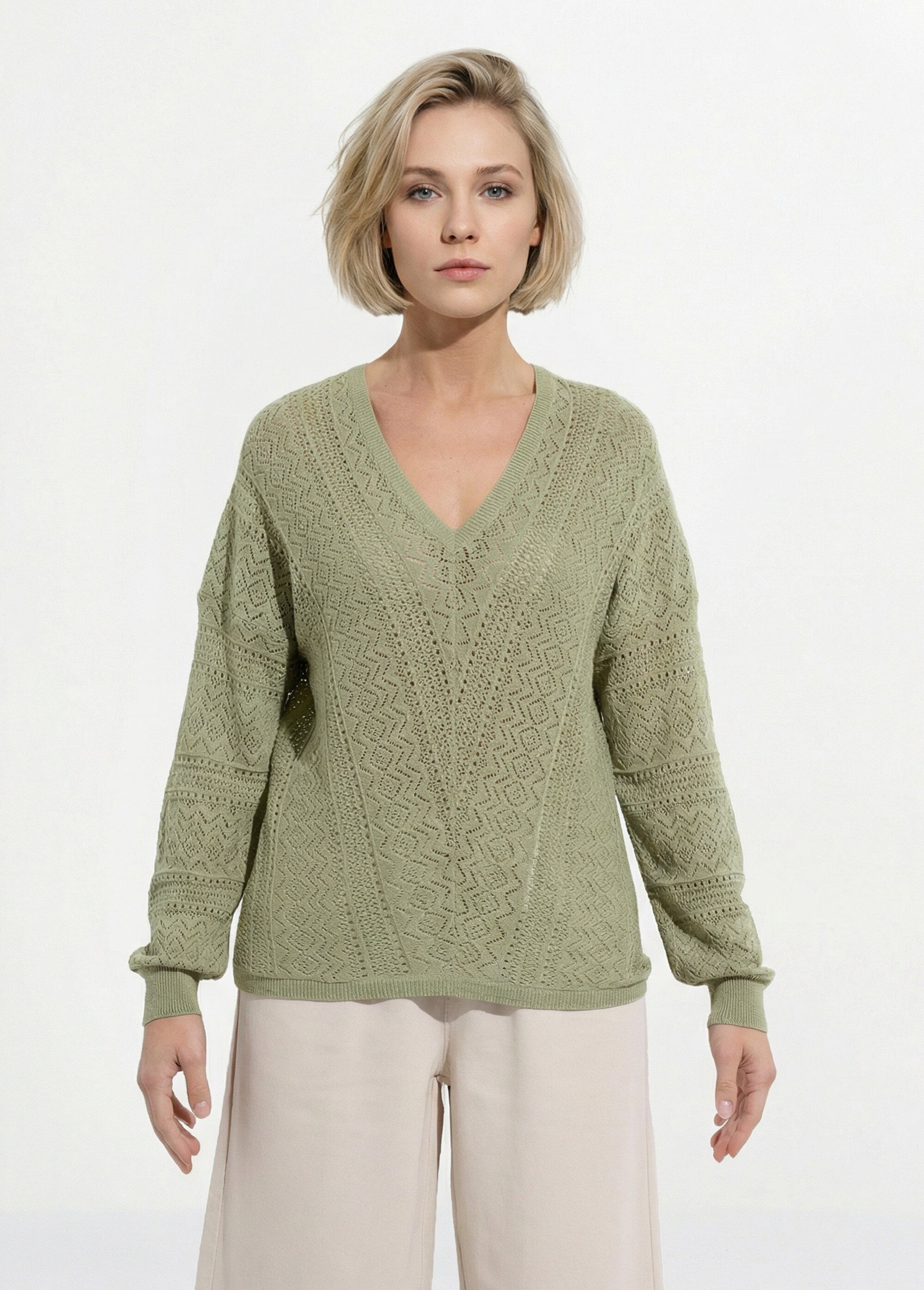 Pull doux col V maille ajourée avec fibres recyclées Femme OLIVE MERISE FA1
