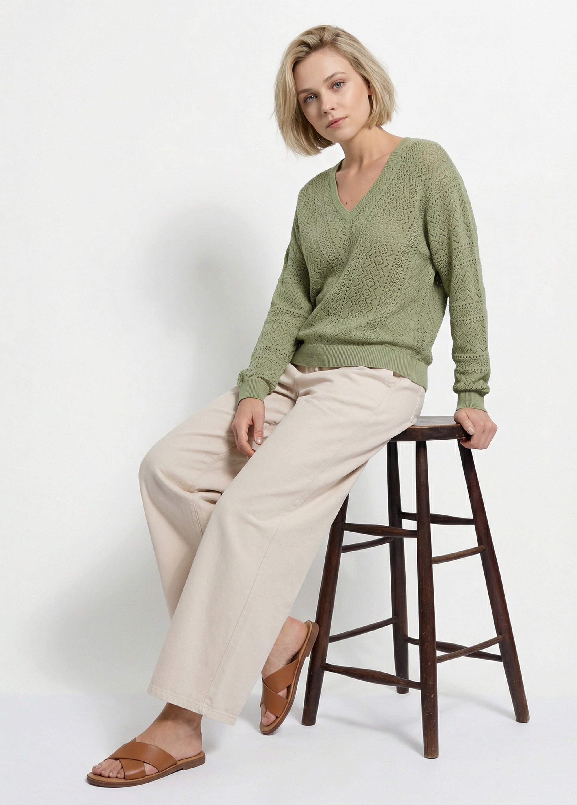 Pull doux col V maille ajourée avec fibres recyclées Femme OLIVE MERISE SI1
