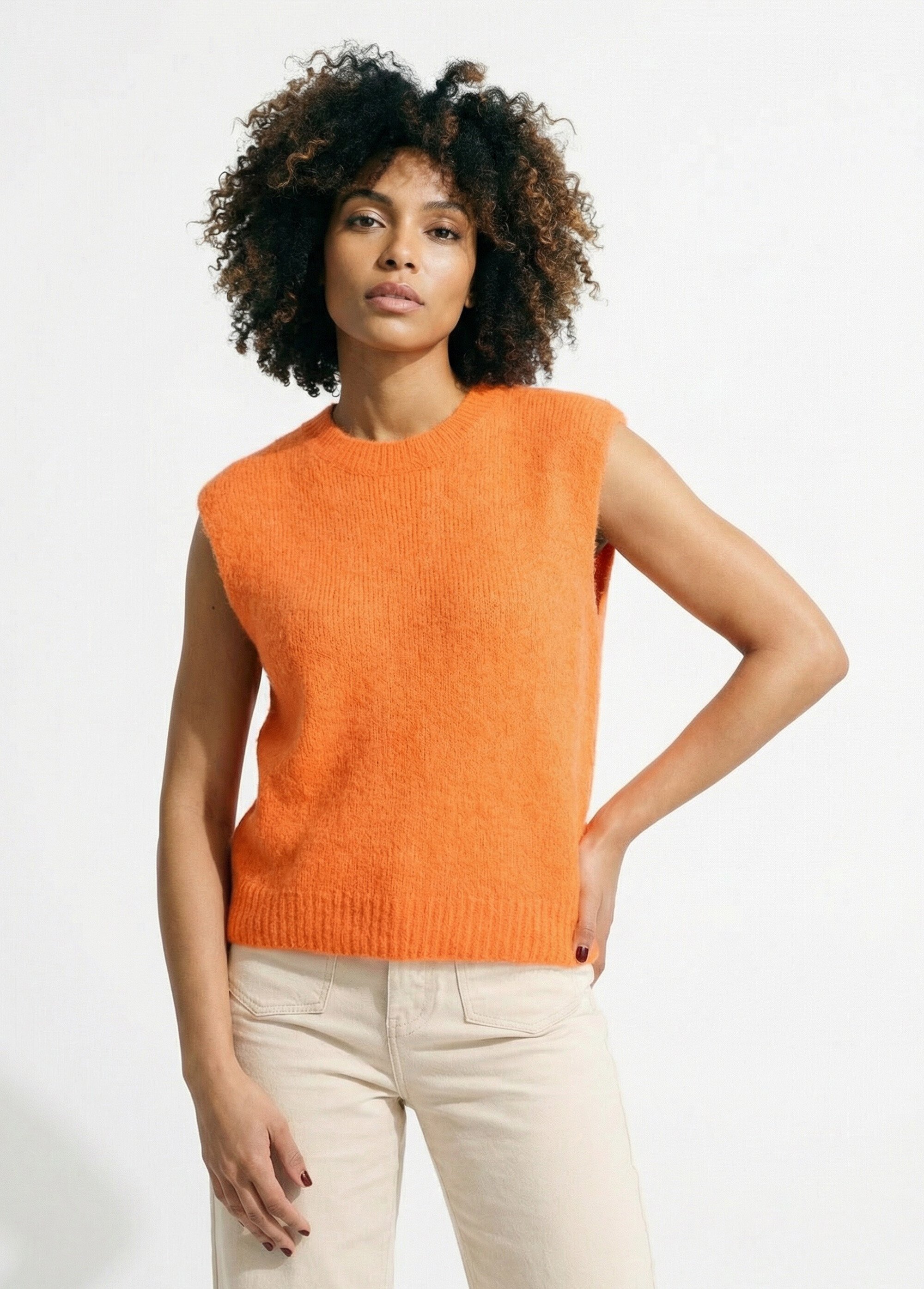 Pull sans manches en maille avec laine Femme Orange IA-AR1089 FA1