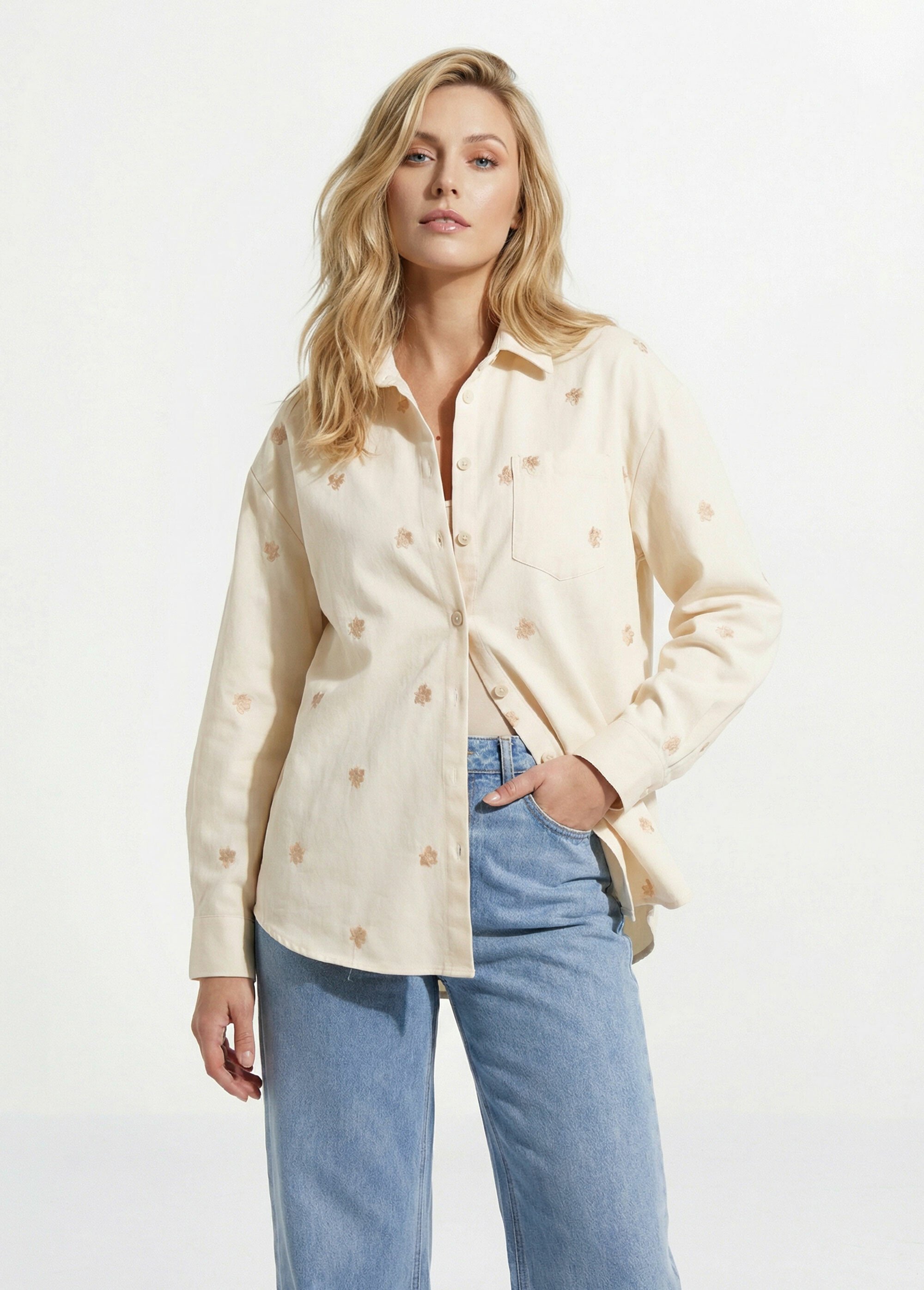 Surchemise en coton avec broderies Femme Beige IA-Q3187 FA1