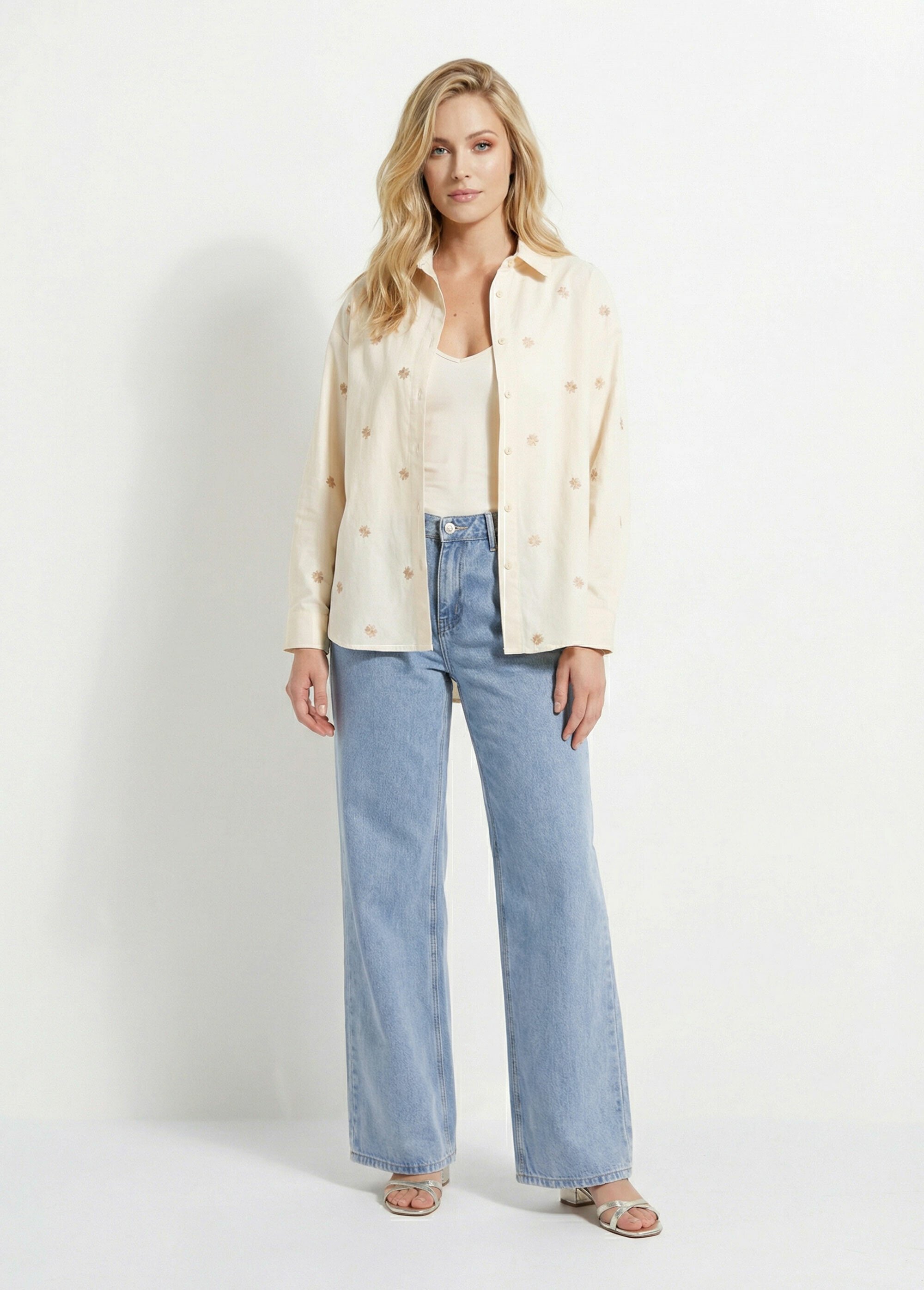 Surchemise en coton avec broderies Femme Beige IA-Q3187 SF1