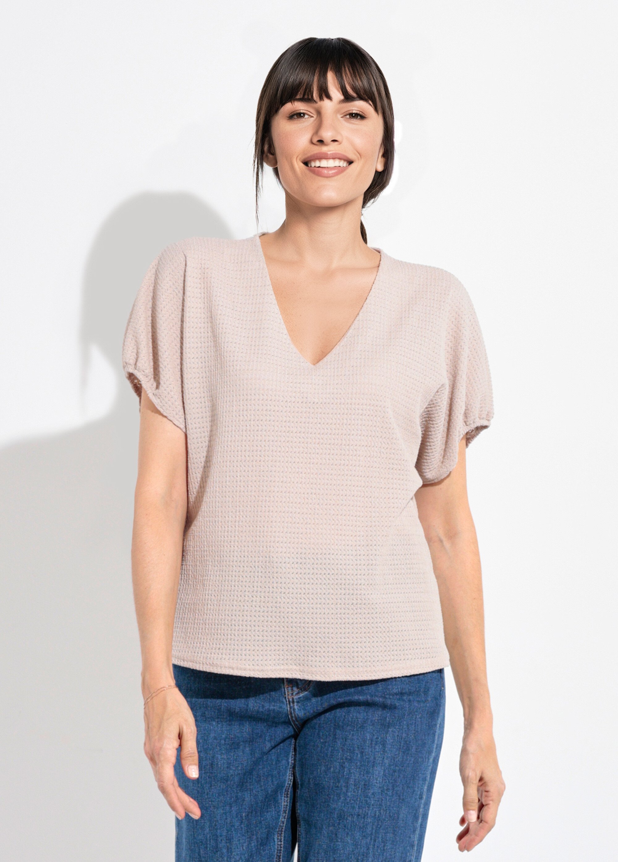 T-shirt texturé avec manches élastiquées Femme Beige SJ-SIMPLAB FA1