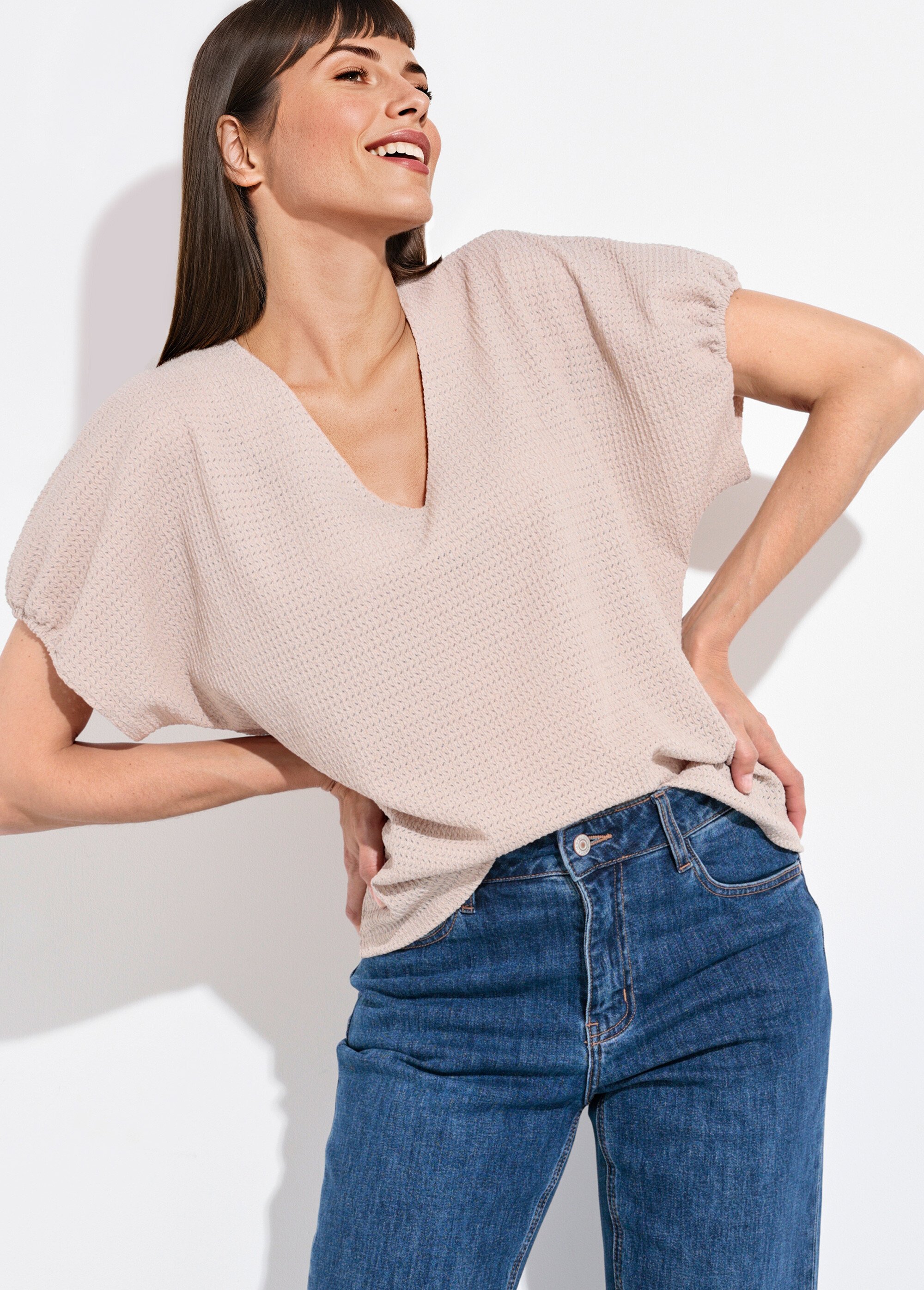 T-shirt texturé avec manches élastiquées Femme Beige SJ-SIMPLAB MV1