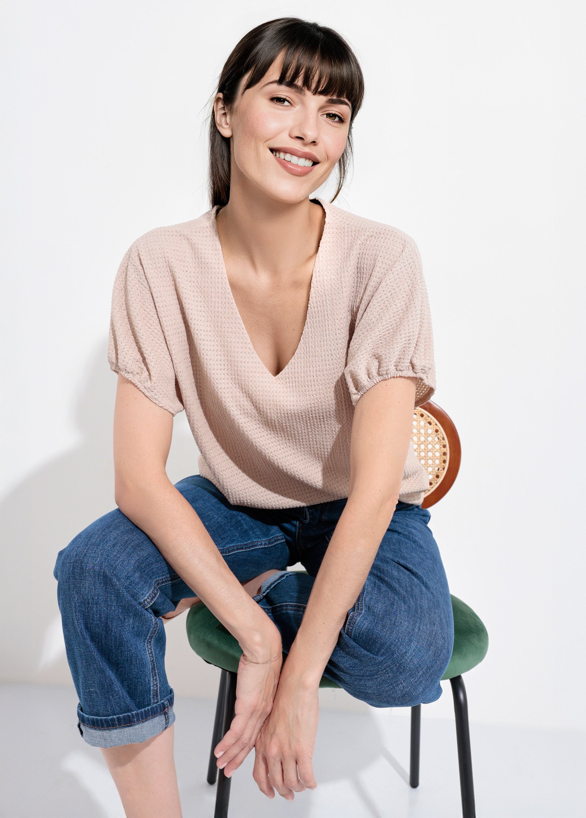 T-shirt texturé avec manches élastiquées Femme Beige SJ-SIMPLAB SI1