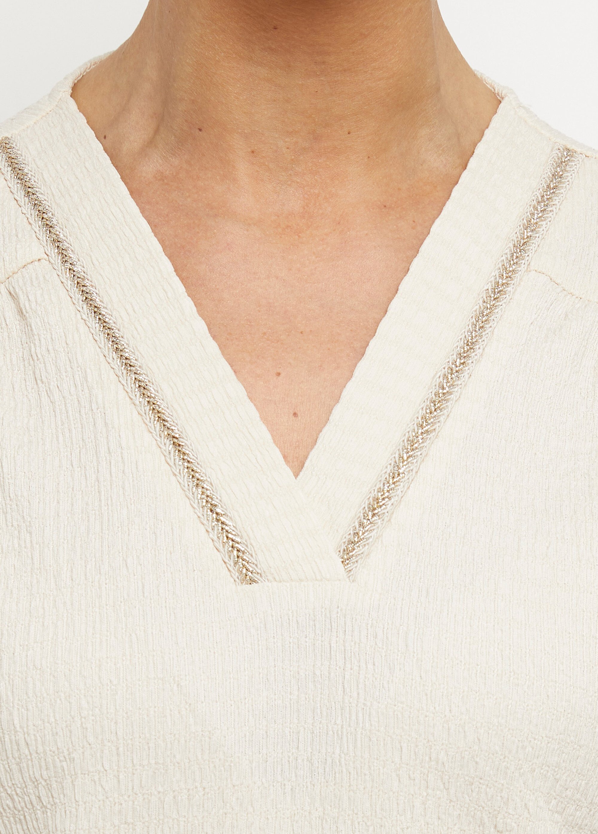 Tunique texturée, encolure V avec galon Femme Beige MOD-TOBEIGE DE1