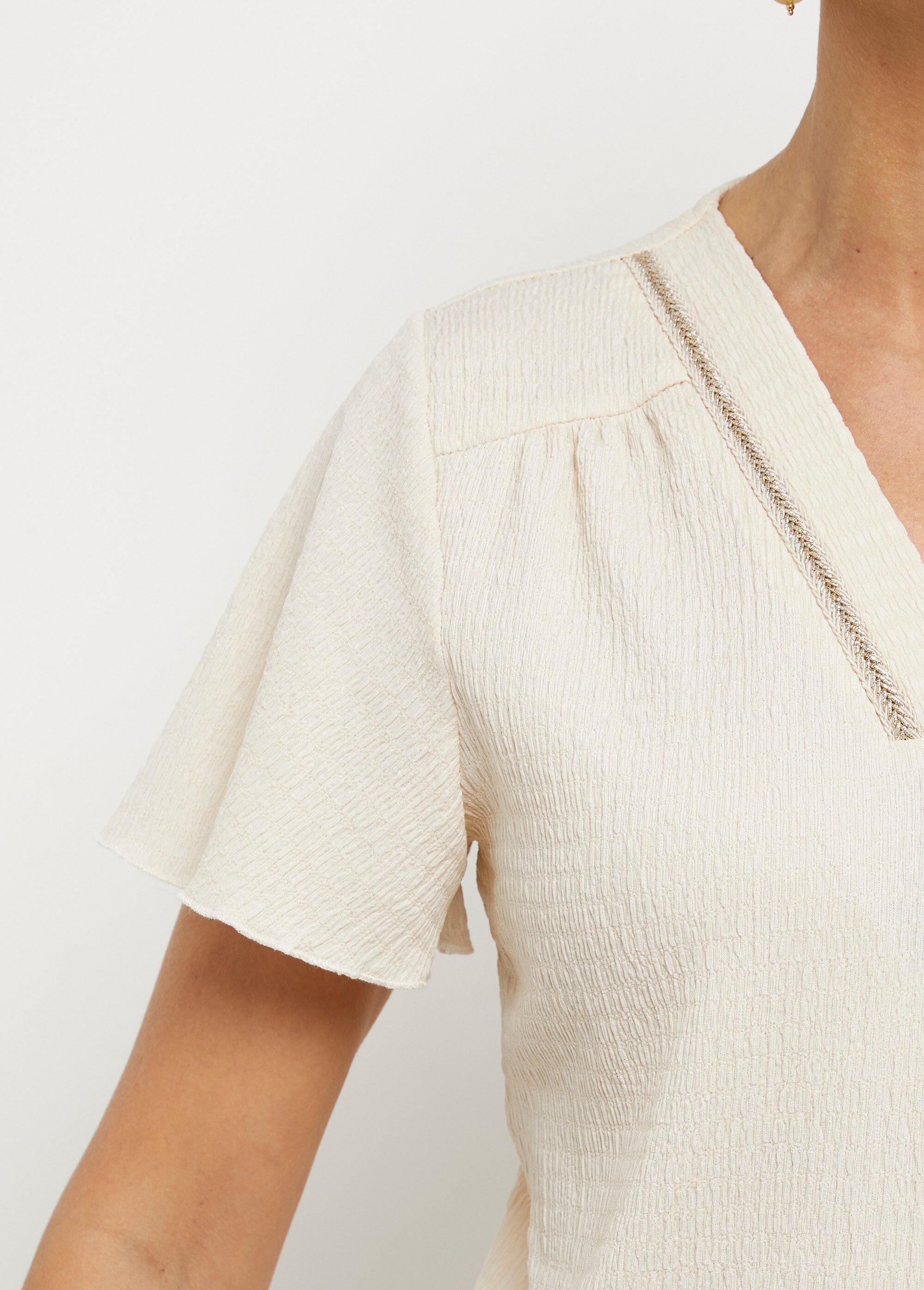 Tunique texturée, encolure V avec galon Femme Beige MOD-TOBEIGE DE2