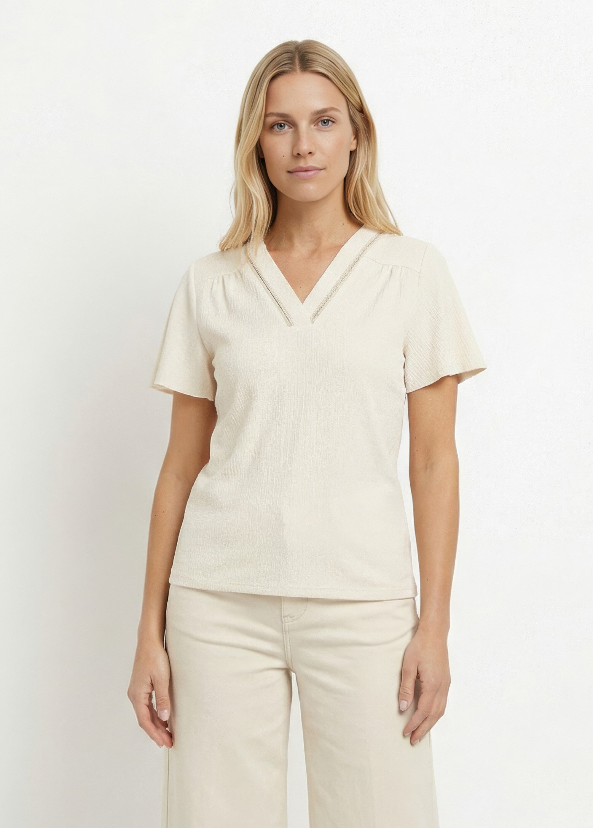 Tunique texturée, encolure V avec galon Femme Beige MOD-TOBEIGE FA1