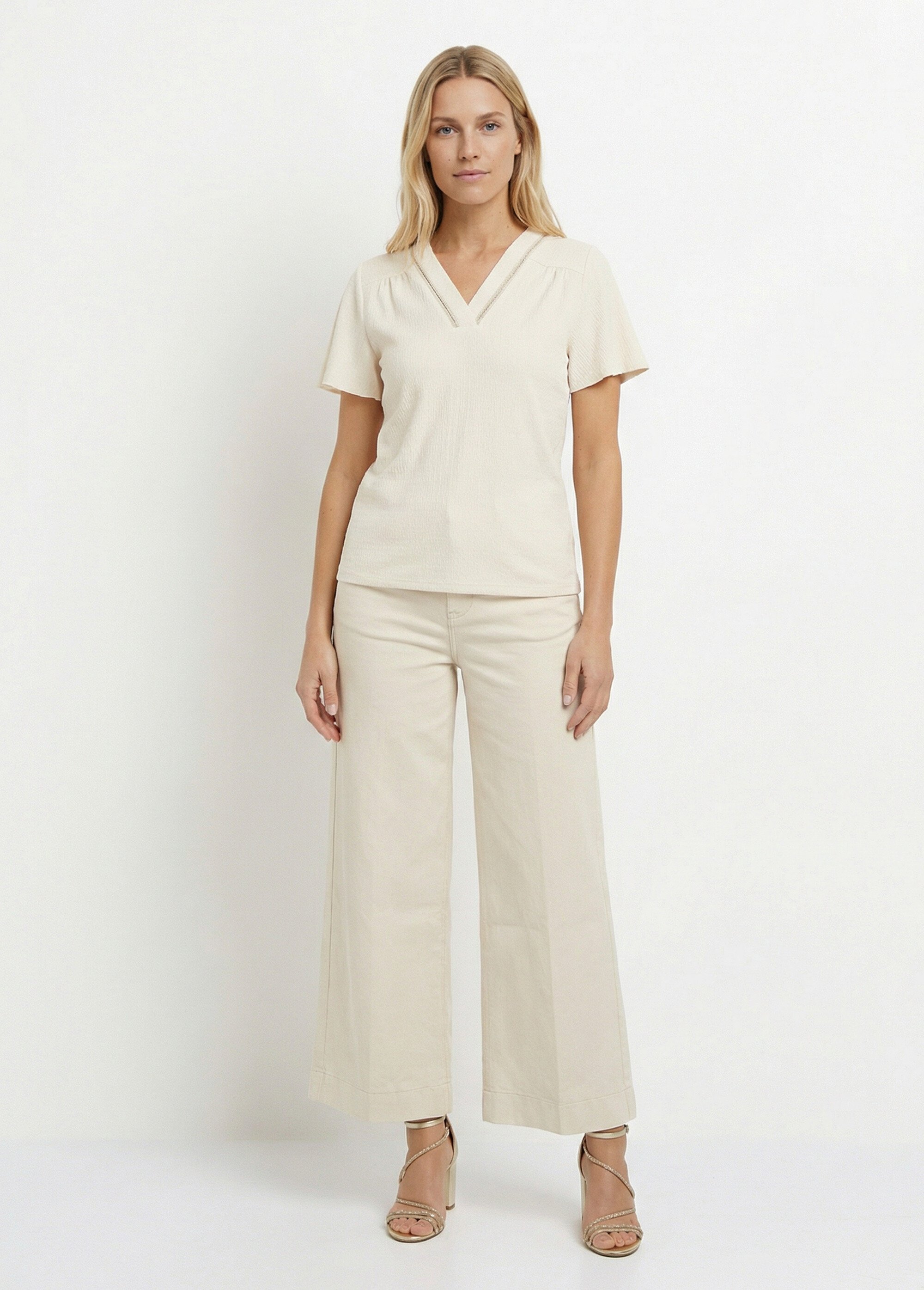 Tunique texturée, encolure V avec galon Femme Beige MOD-TOBEIGE SF1