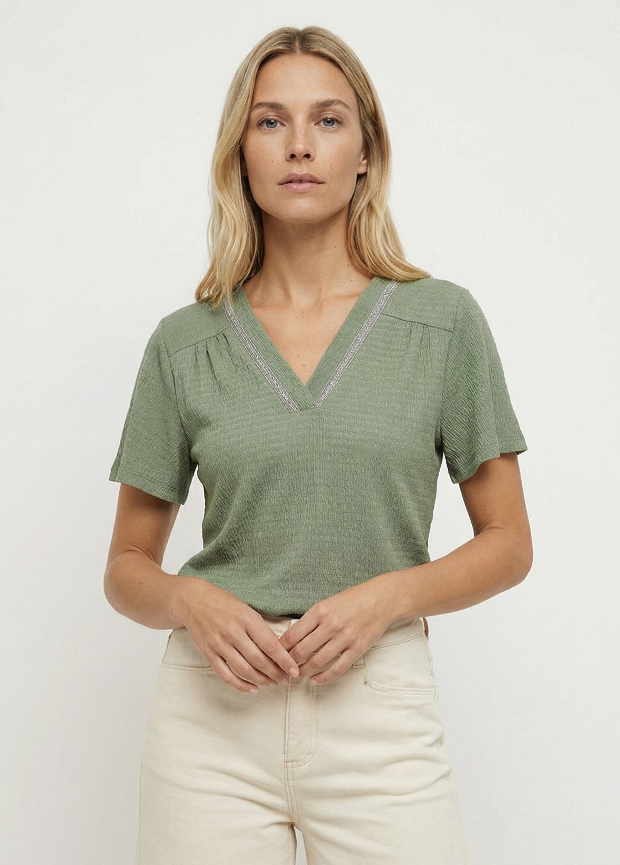 Tunique texturée, encolure V avec galon Femme Vert MOD-TOBEIGE FA1