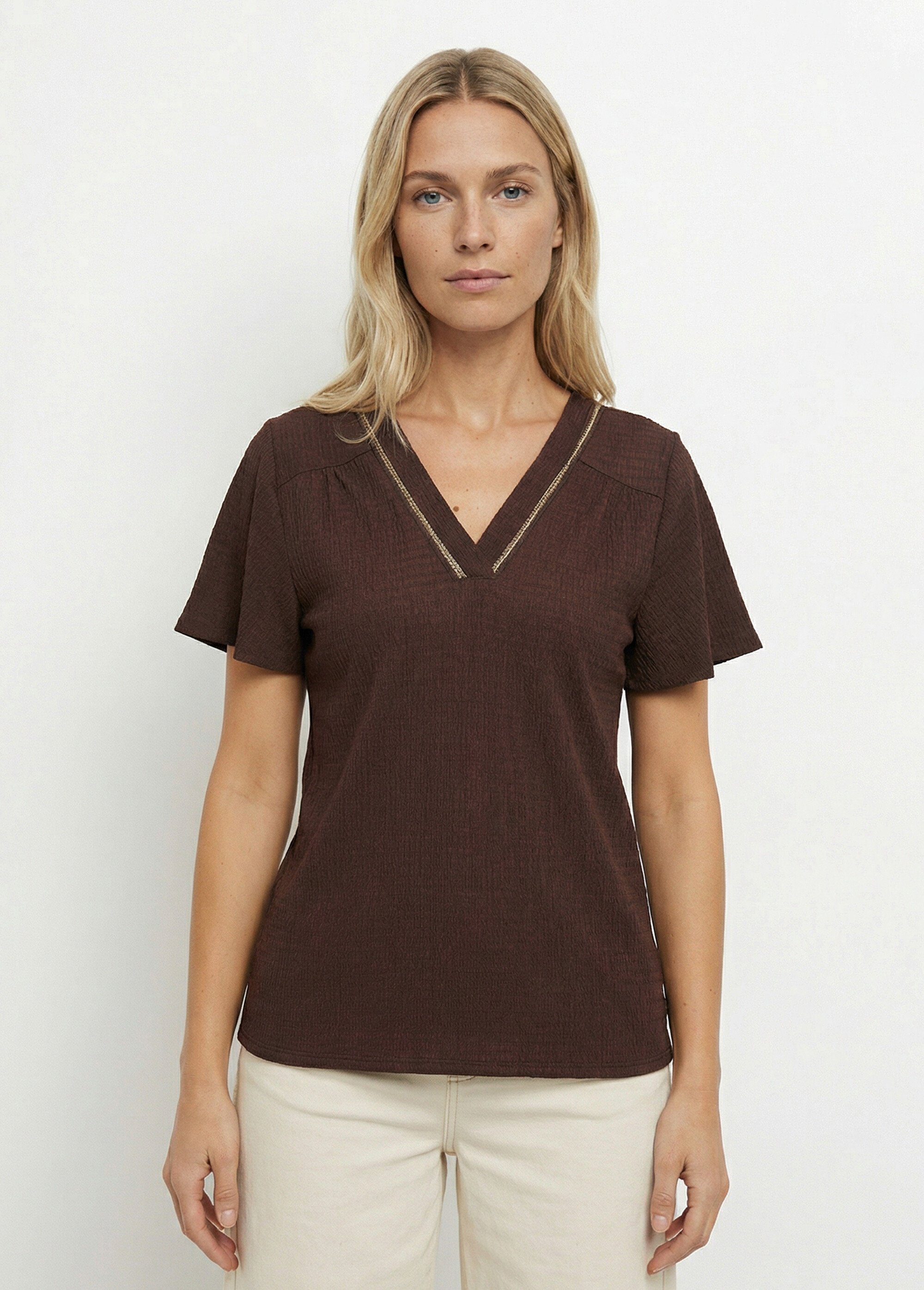 Tunique texturée, encolure V avec galon Femme Marron MOD-TOBEIGE FA1