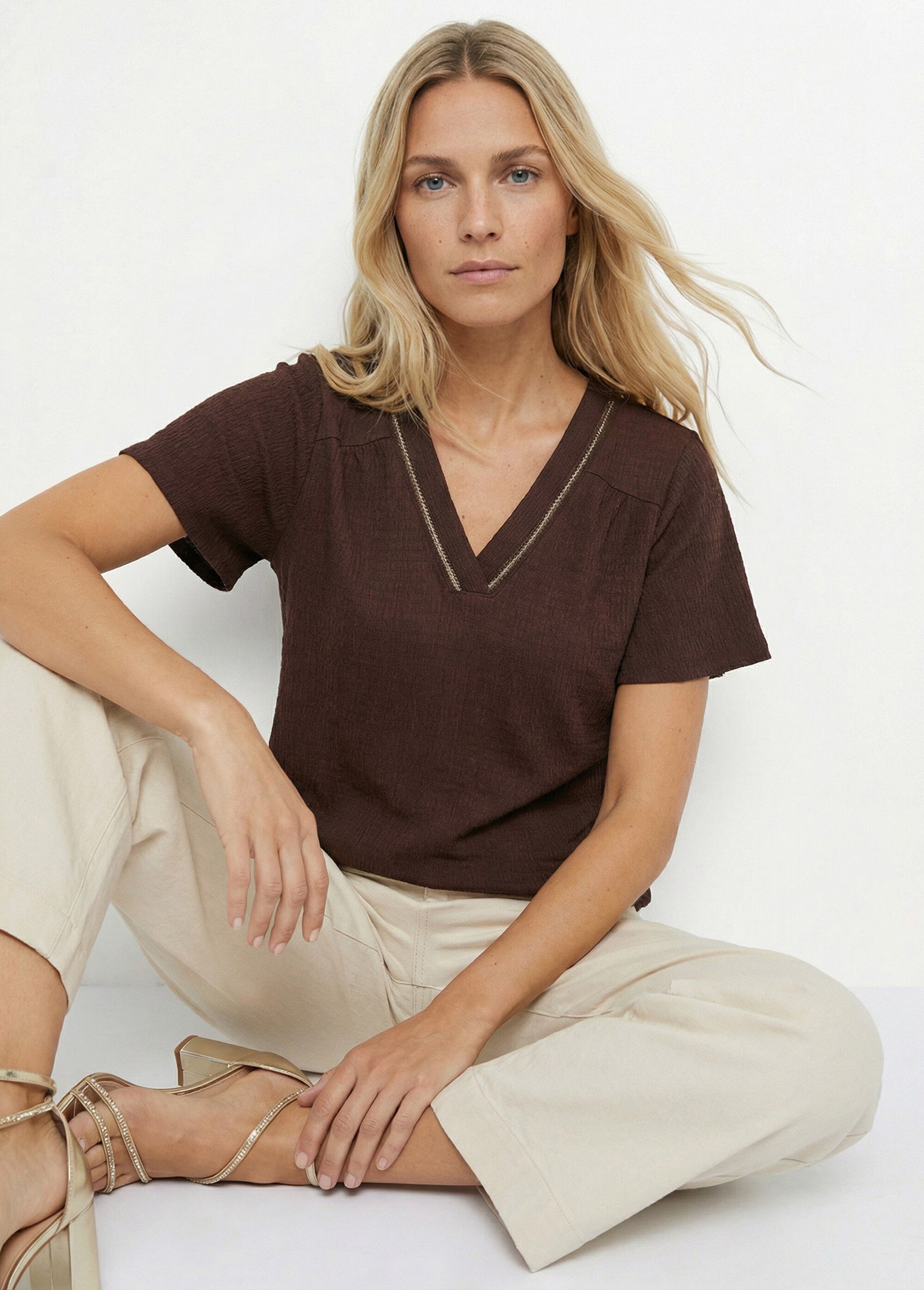 Tunique texturée, encolure V avec galon Femme Marron MOD-TOBEIGE MV1